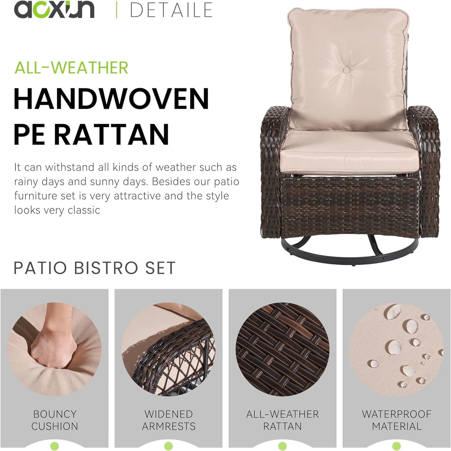 COOKCOK 3 Pieces Outdoor Swivel Rocker Chair Set of 2 with Small Side Table Wicker Rattan Patio Furniture Set Outdoor Rocking Chair Set for Backyard, Balcony, Deck, Beige