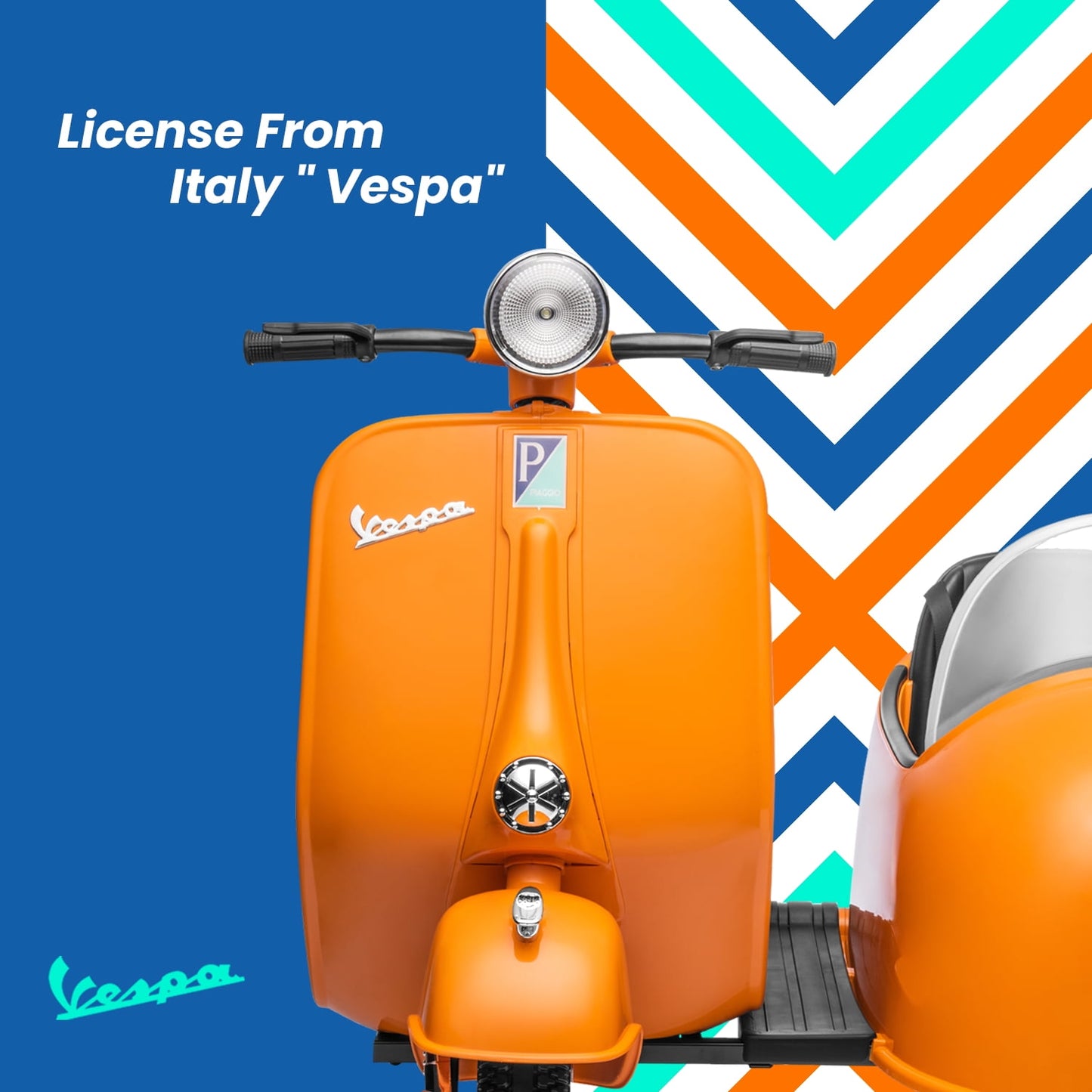 Track Seven 12V Licensed Vespa Ride on Motorcycle with Side Car, 2-Seater Electric Car for Kids Age 3+, Music, Max Speed 4.8mph, Orange