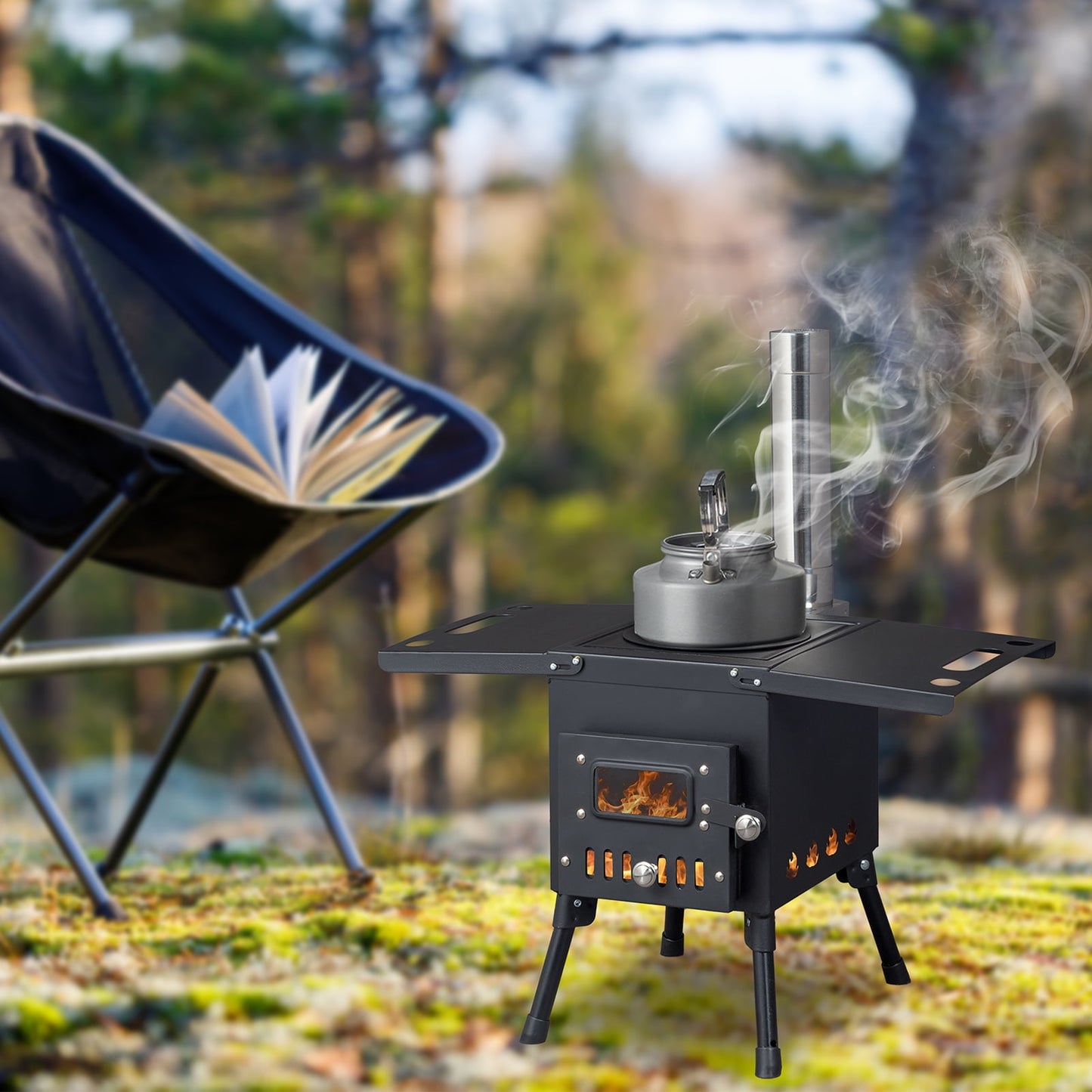 COOKCOK Camping rocket stove with chimney, 22.6"D x 11.4"W x 14.6"H, Alloy Steel, Black