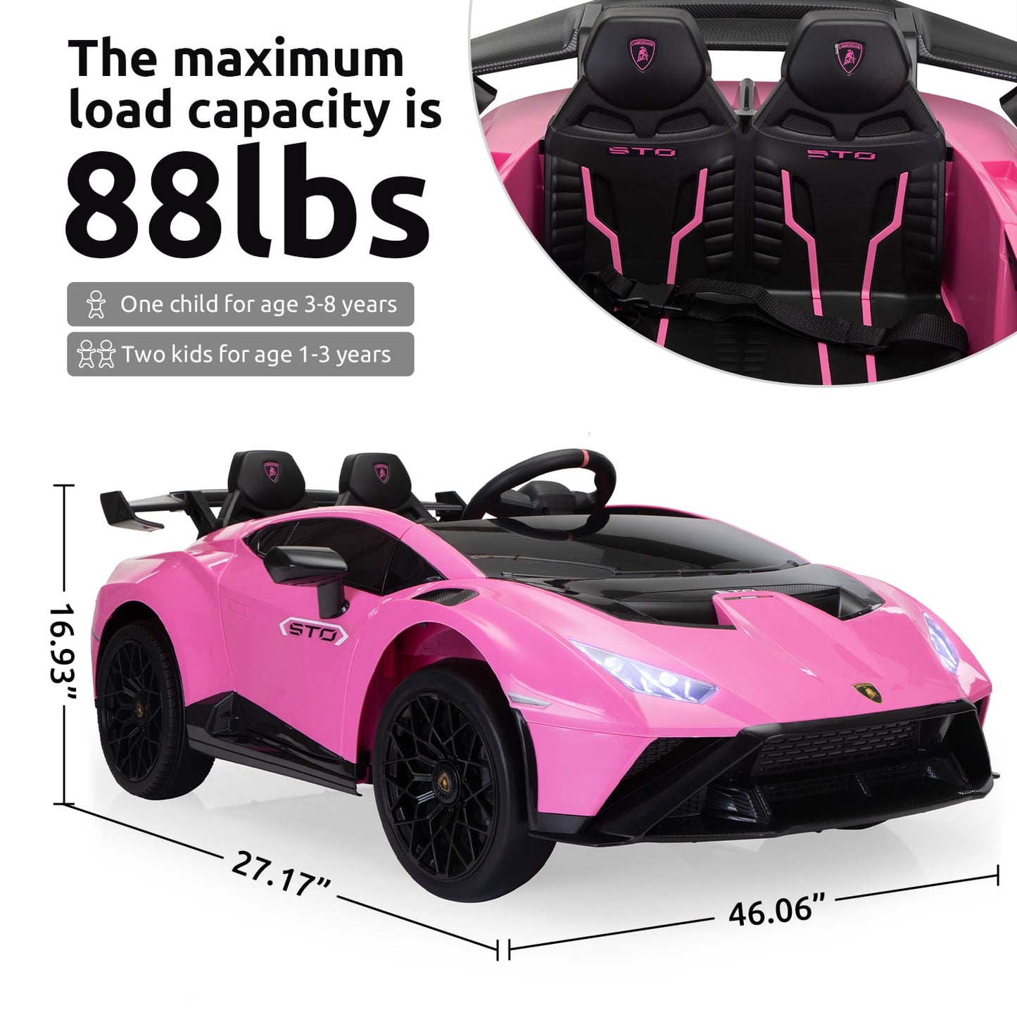 Track Seven 24V Kids Ride on Car, Licensed Lamborghini STO Electric Car, 360° Spin, Speeds 1.86-5.59 MPH, LED Lights & Dynamic Music, Foam Wheels & Drift Mode for Ages 3-8, Pink