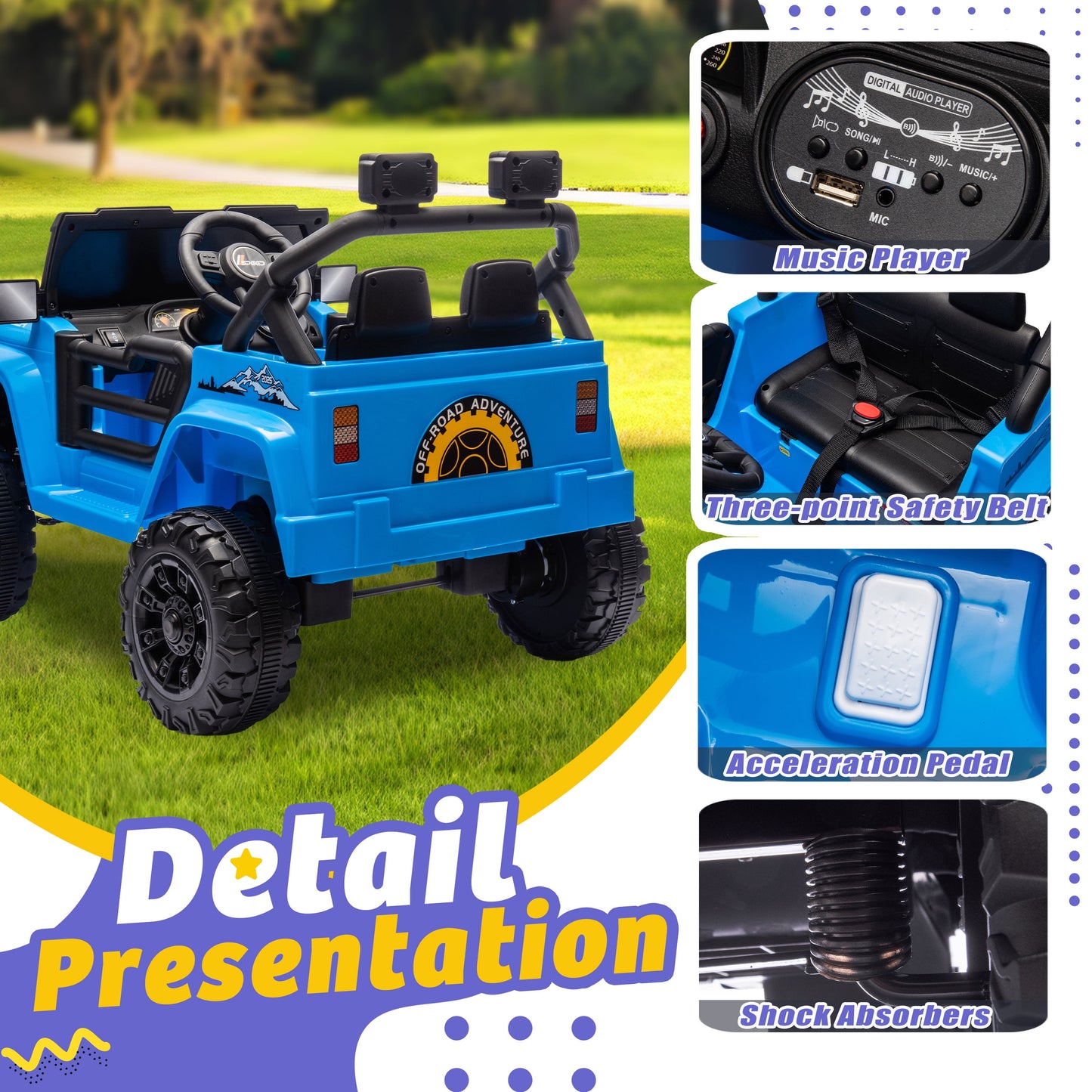 Track Seven 12V Kids Ride on Truck, Electric Car with Remote Control, Off-Road Truck for Boys Girls age 3+, Music, Bluetooth, Spring Suspension with DIY Stickers, Blue