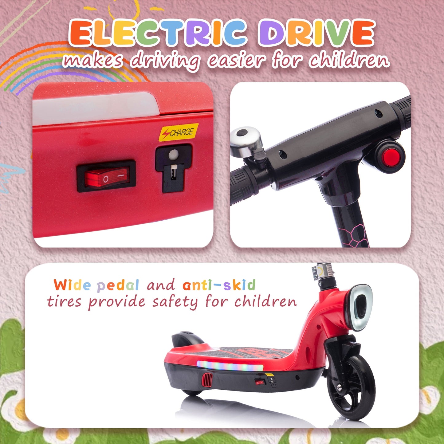 Track Seven 12V Electric Scooter for Kids, Front Big Light, Colorful Lights, Bell, 6.5" Wide Pedal, Rear Wheel Brake, Max 6.84MPH, Kids Electric Kick Scooters for Teens Boys Girls Aged 6+, Red