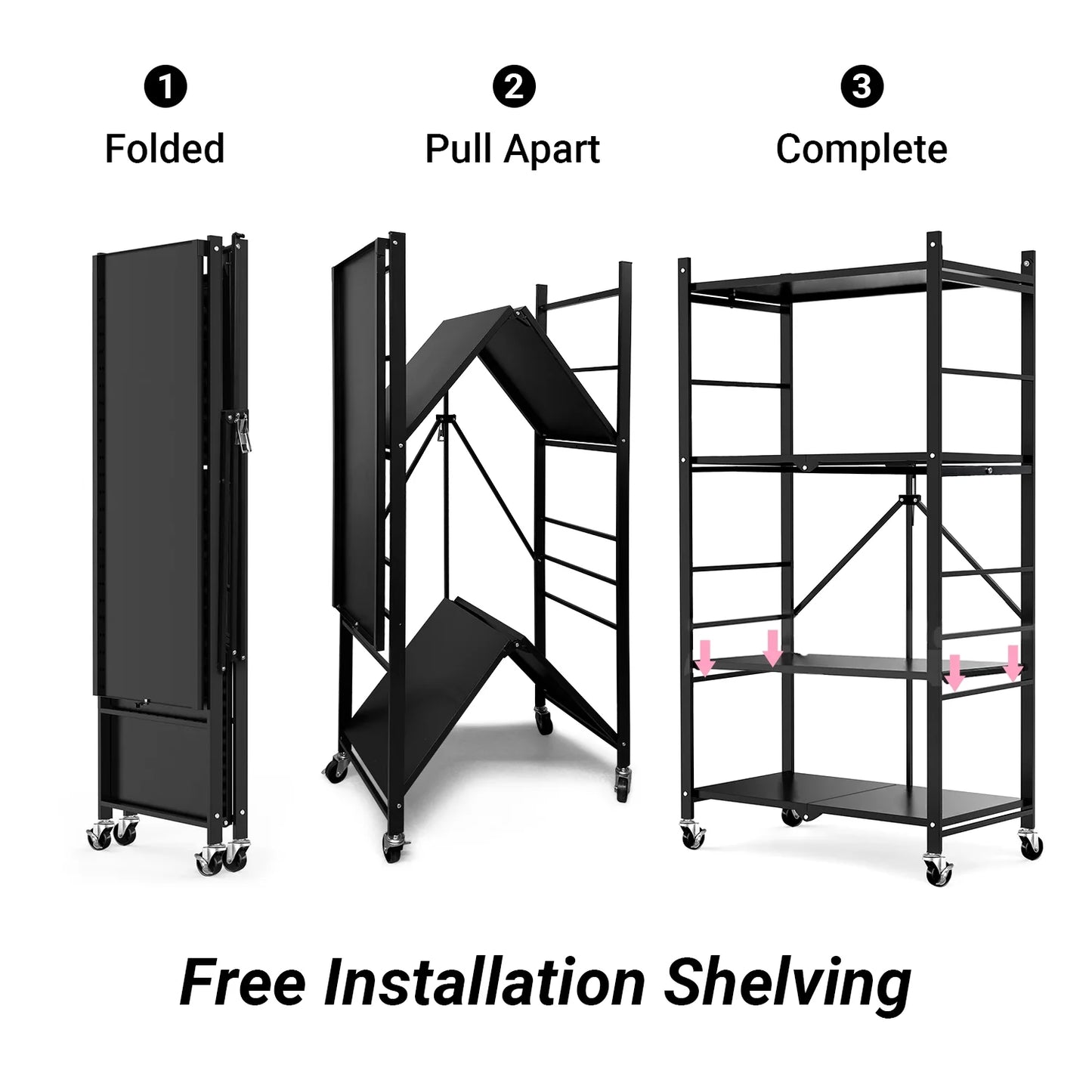 COOKCOK 4-Tier Storage Shelving Unit, Metal Shelf, Adjutable Height, Foldable Storage Shelf with Wheels, Garage Shelf, Kitchen Shelf, Side Protective, 400lbs Capacity, Black