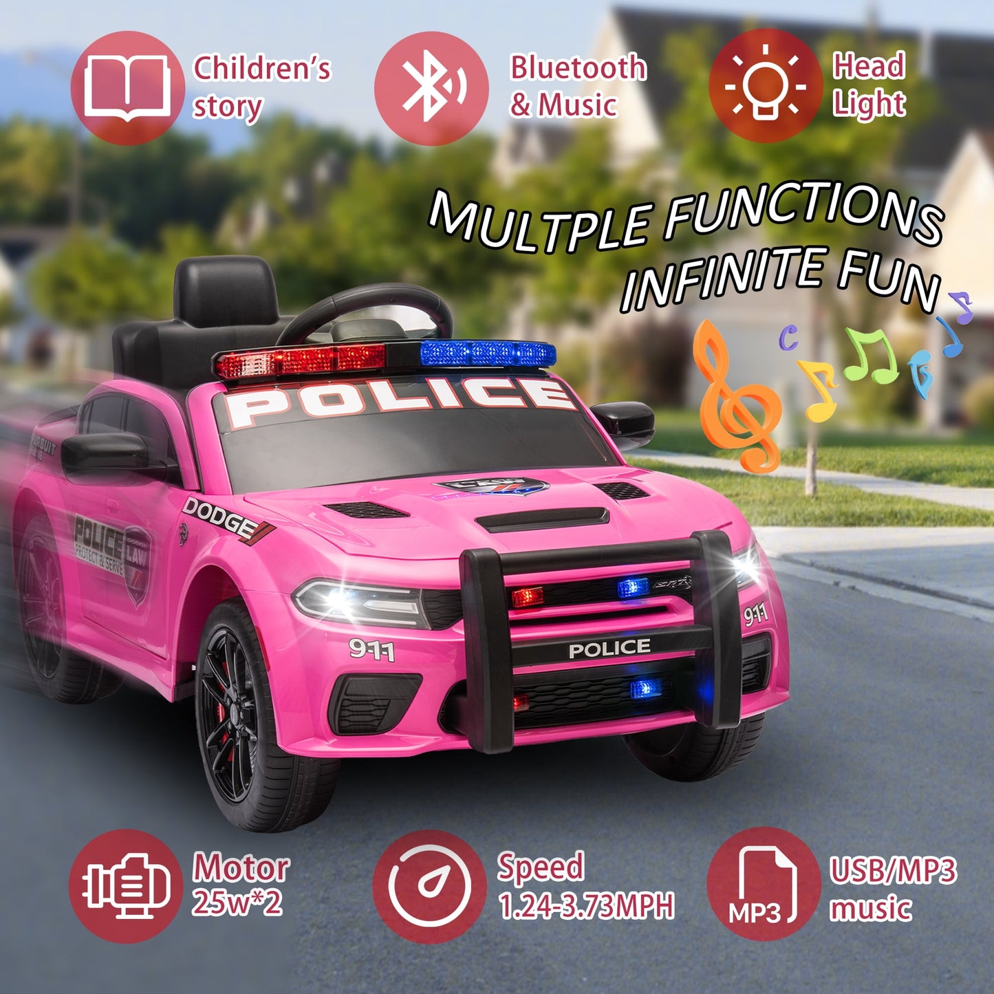 Track 7 Licensed Dodge Charger SRT Ride on Car, 12V Kids Ride on Police Car with Remote Control, Music, Alarm Lights, Megaphone, Electric Car for Kids Age 3+, Pink