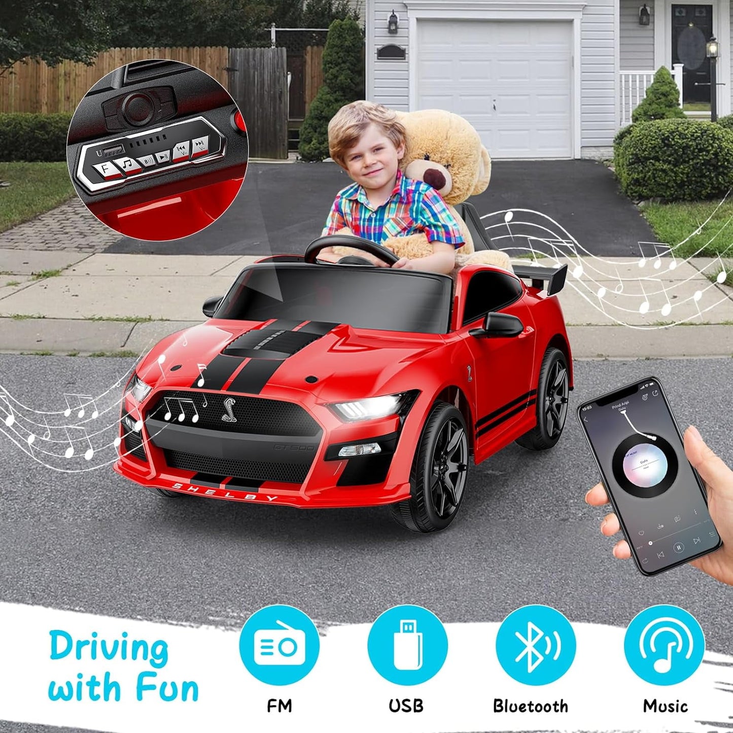 Track 7 12V Ride on Car, Licensed Ford Mustang Shelby GT500 Ride on Car with Remote Control, LED Lights, Music & Bluetooth, Electric Car for Boys Gilrs Age3+, Red