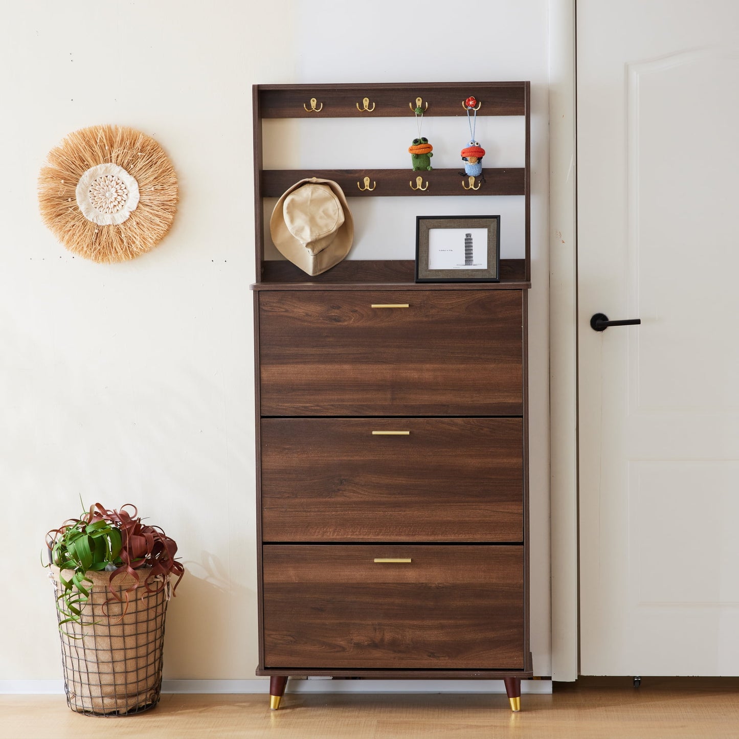 COOKCOK 3-Tier Flip Drawer Shoe Cabinets, Hat Coat Rack with Shoe Storage, Entryway Bedroom Armoire, Shoe Cabinet with Open Storage, Brown