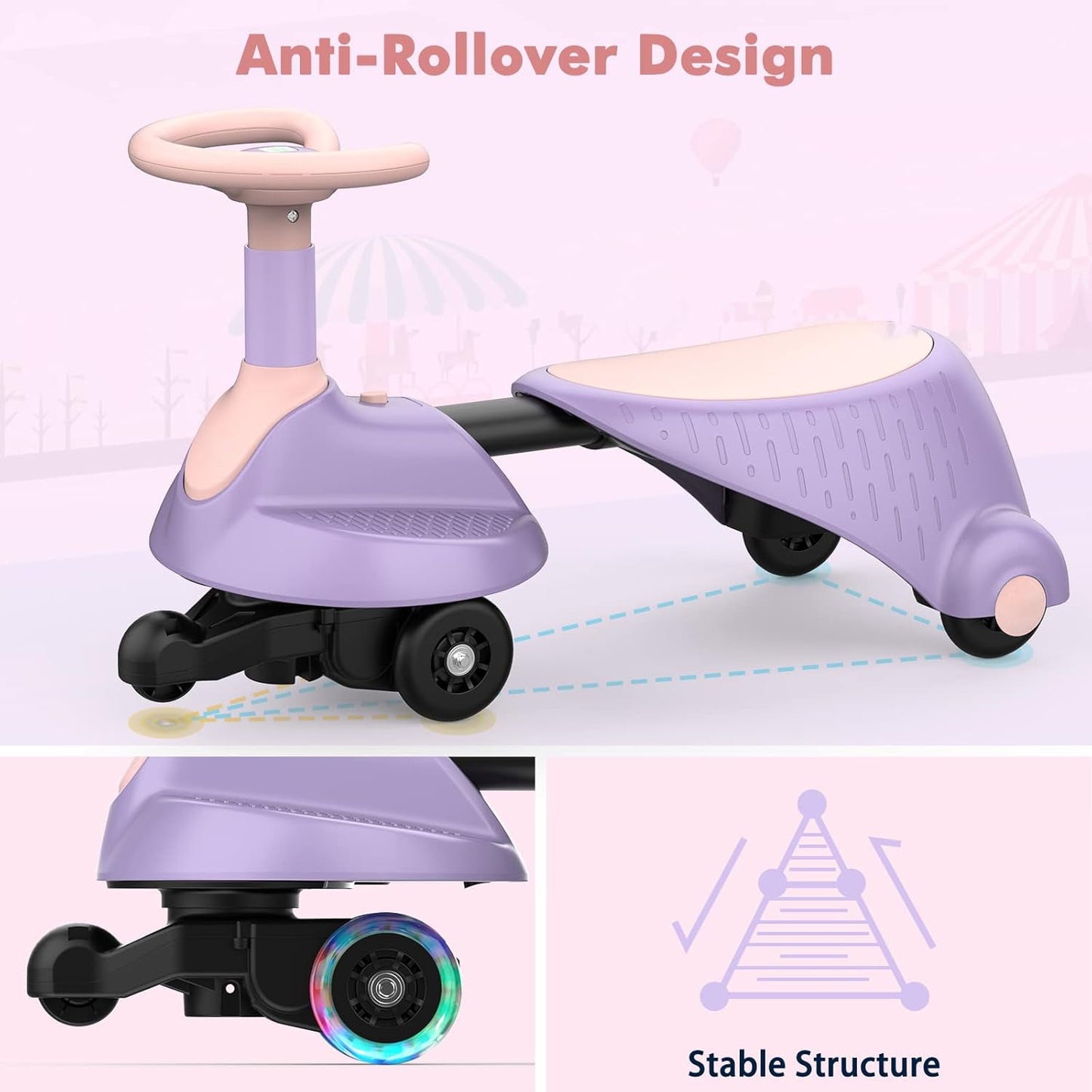Track Seven 6V Electric Wiggle Car, 2 in 1 Electric Swing Car with Pedal, Flashing Wheels, Bluetooth, 360°, Retractable, Anti-Rollover, Max Speed 3.11mph, Ride on Toy Car for Kids Age 3+, Purple