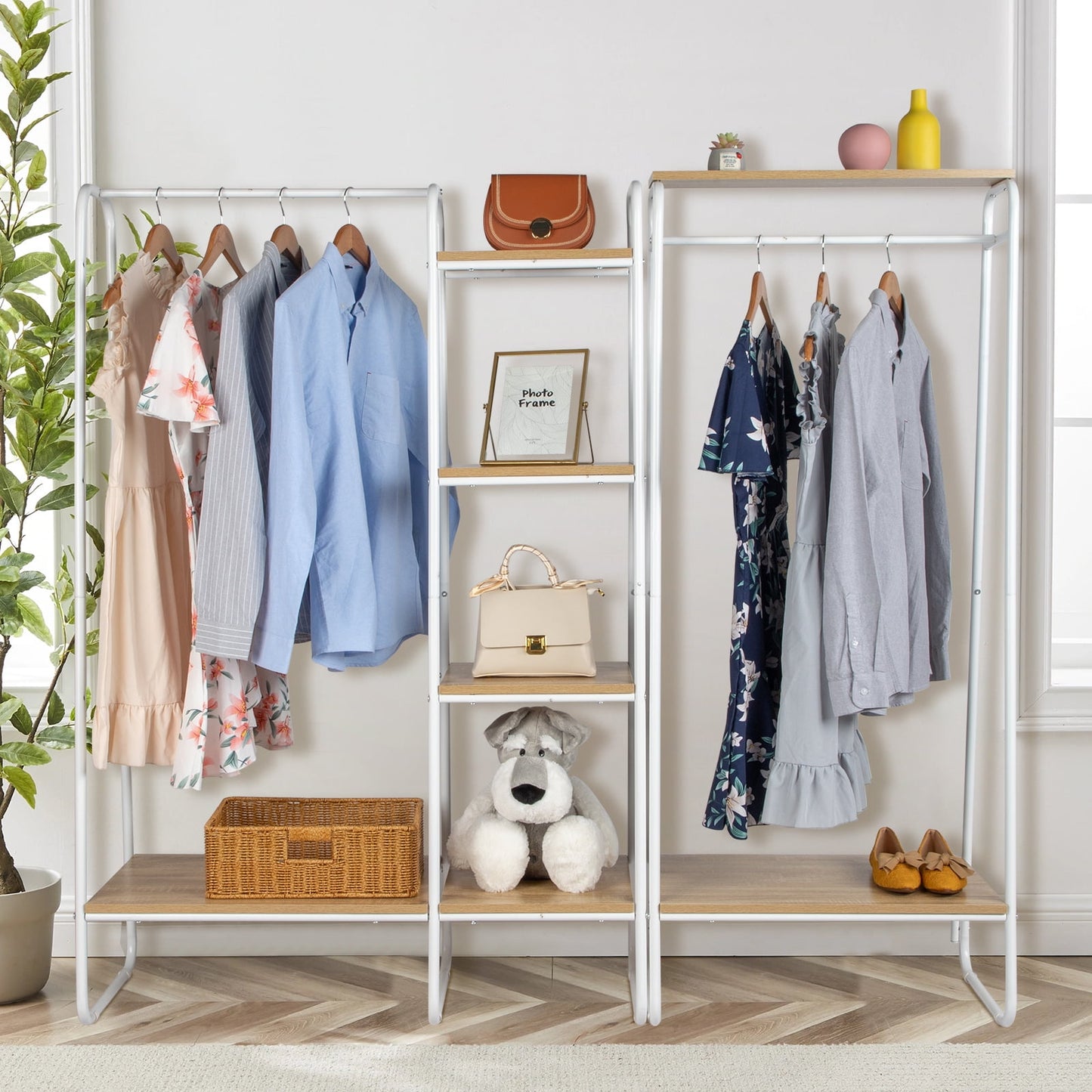 COOKCOK Clothes Rack for Hanging Clothes with 2 Wood Shelves, Freestanding Clothing Rack, Easy to Assemble Garment Rack, Metal, Sturdy Design, Small Space Storage Rack, White