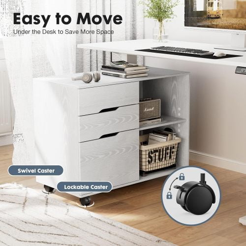 COOKCOK Mobile Wood Lateral File Cabinet with Wheels, Wood Storage Organizer with Drawers, Rolling Cabinet for Home Office, Printer Stand & Open Shelves, White