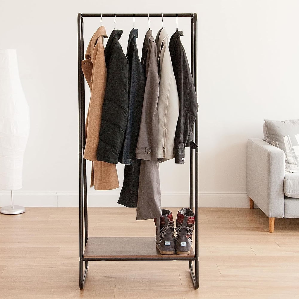 COOKCOK Clothes Rack for Hanging Clothes with Bottom Wood Shelf, Freestanding Clothing Rack, Easy to Assemble Garment Rack, Metal, Sturdy, Small Space Storage Rack, Brown