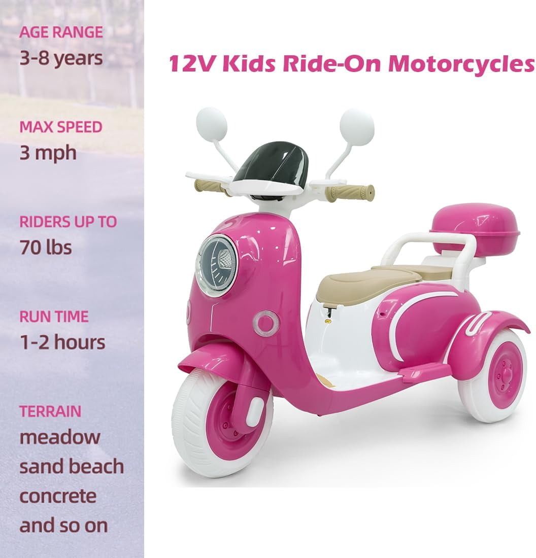 Track Seven 12V Kids Ride on Motorcycle, 2 Seats Kids Motorcycle, 3 Wheels Powered Motorbike for Kids, Mp3, Bluetooth, Headlight, Storage Box for Kids Aged 3+, Rose Red
