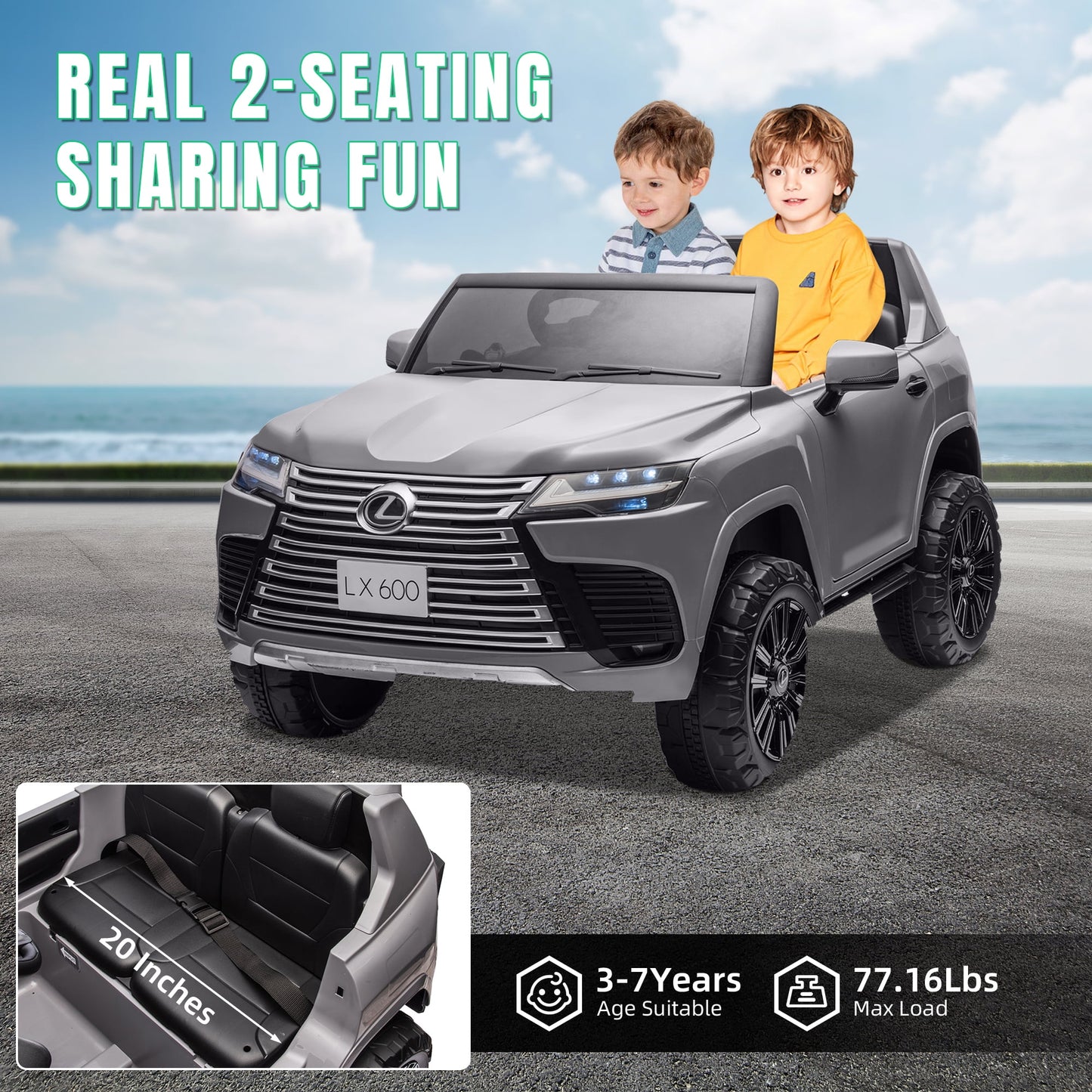 Track Seven 24V 2 Seater Ride on Car, Licensed LEXUS LX600 Electric Car with Remote, 20" Width Seat, Bluetooth, LED Lights, Key Start, Portable Handle, 24V Ride on for Boys Girls Age 3+, Grey
