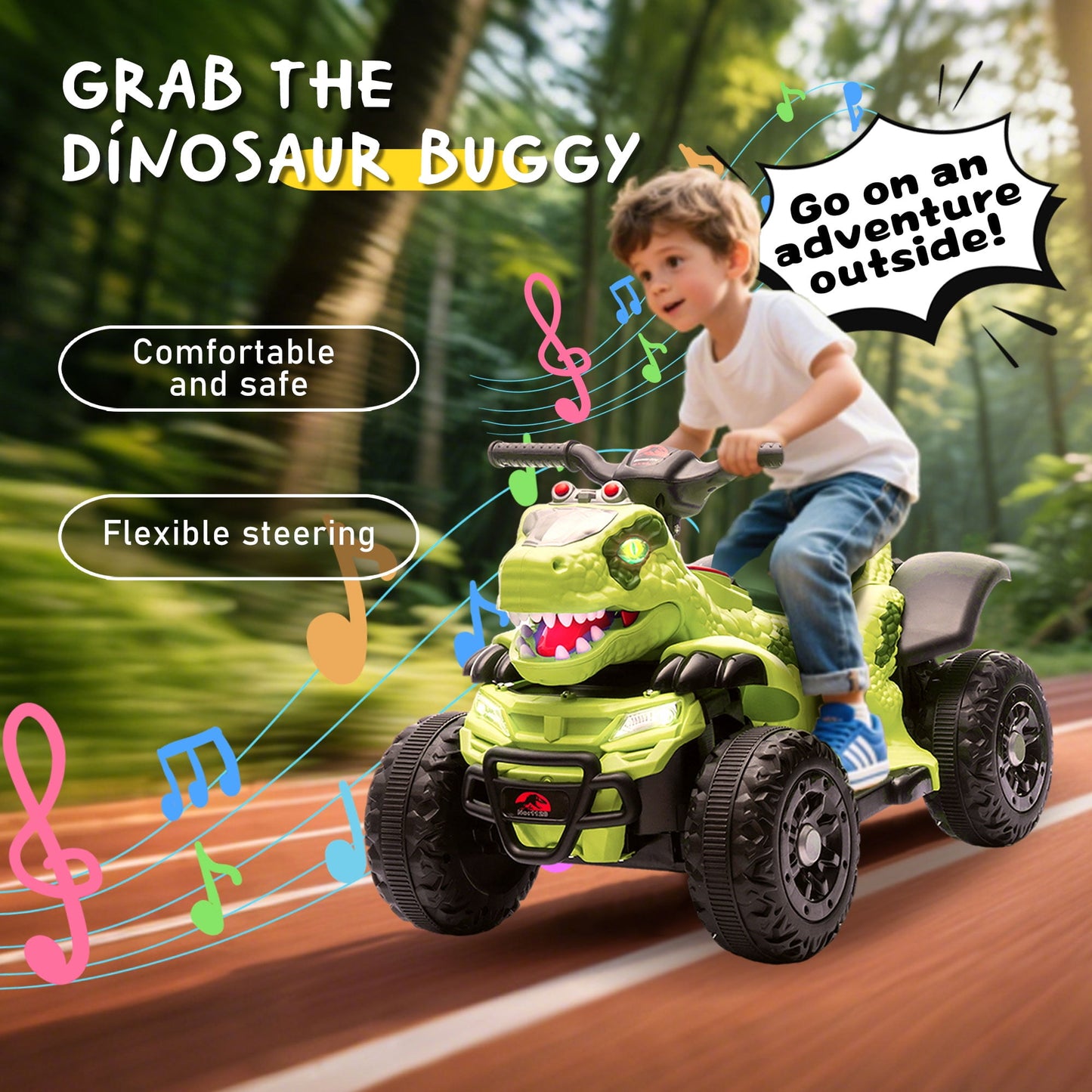 Track Seven 12v Ride-On Electric ATV, Dinosaur Shape Car, 2WD, Music, Bluetooth & Microphone, Power Display, Indoor& Outdoor Ride-On Toy for Boys Girls Age 2-5, Green