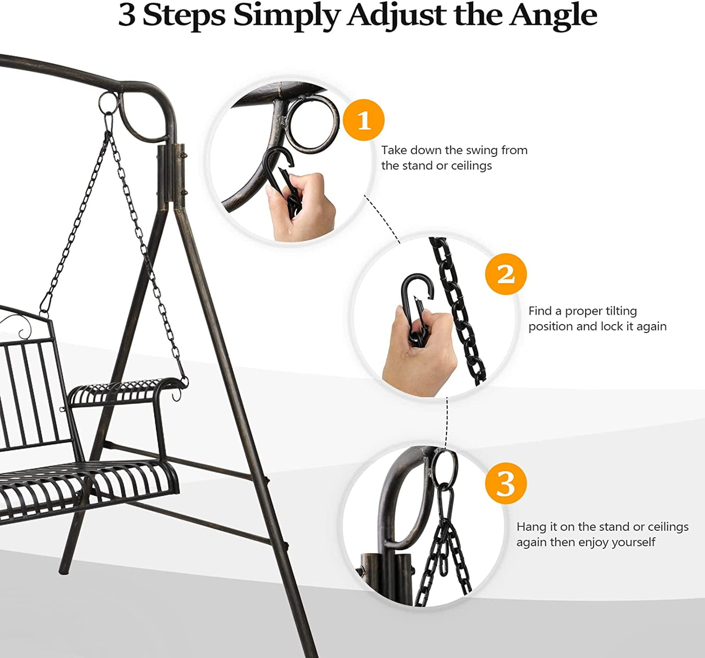 COOKCOK Double Metal Patio Swing Chair, for Outdoors, Gardens & Yards, 660lbs Weight Capacity, Black