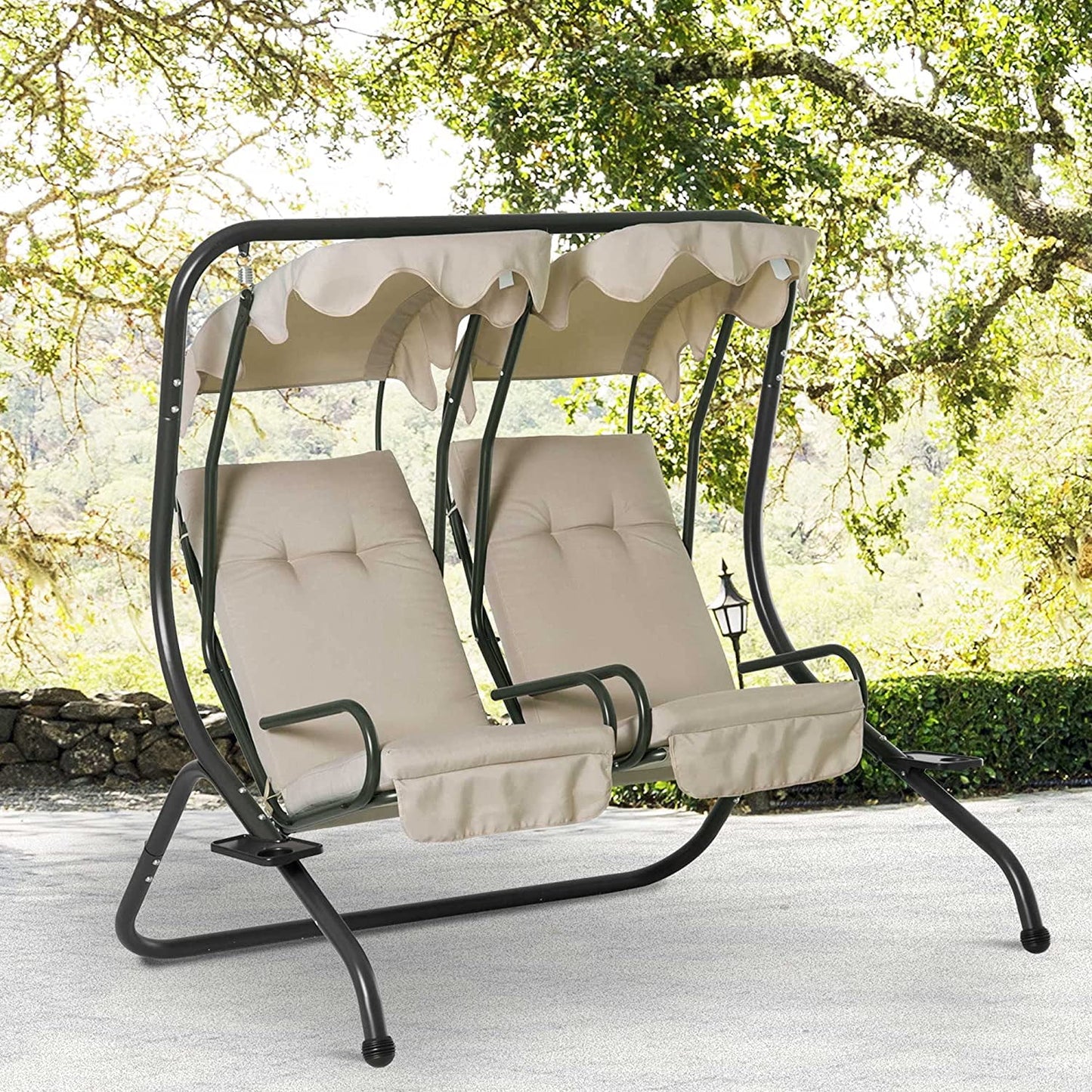 COOKCOK 2-Seat Porch Swing with Stand, Outdoor Swing Glider with Removable Canopy and Cup Holders for Porch, Garden, Backyard, 480 lbs Capacity, Beige