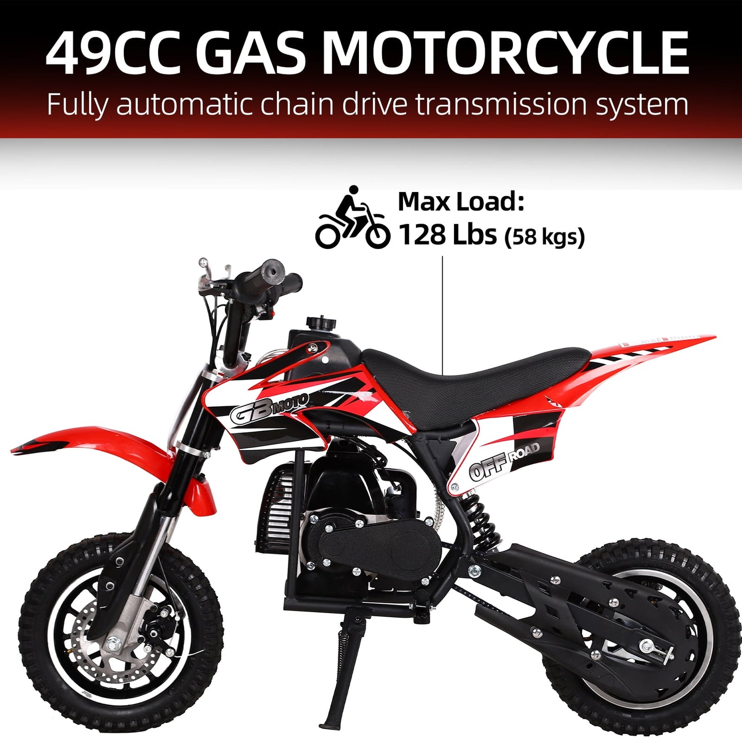 Track Seven 49CC 2-Stroke Kids Dirt Bike, Off Road Gas Motorcycle, Up to 20Mph, Gas Dirt Bike w/Rear Suspension, Pull Start, Front & Rear Disc Brake, Red