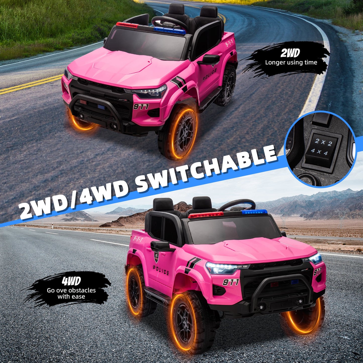 Track Seven 24V Ride on Car, 2-Seater Kids Ride on Pickup Police Car with Remote Control, Bluetooth, 4 x 200W Motor Electric Car, 3 speeds, LED Lights, Spring Suspension, Pink