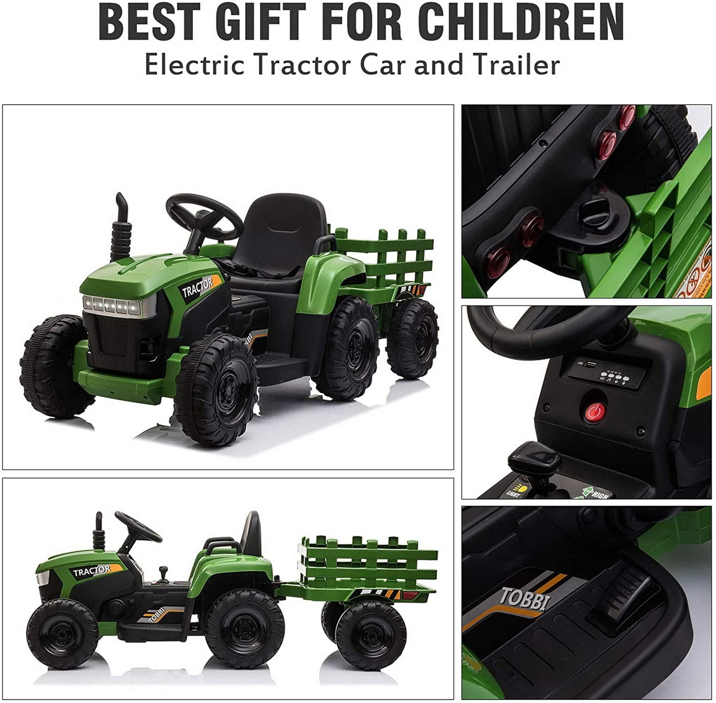 LISUEYNE 12V Ride on Tractor with Trailer, Electric Car with Music, USB, LED Lights, Ride on Car for Kids Age 3-6 Years, Max Speed 5mph, Dark Green