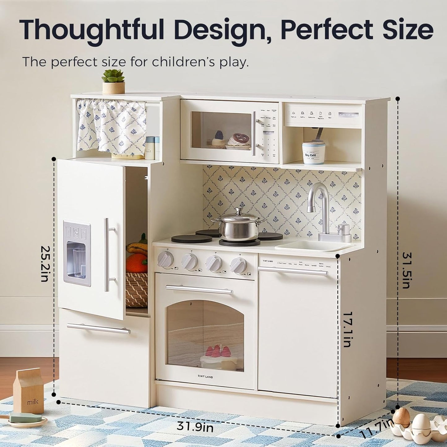 Track Seven Play Kitchen for Kids, Upgraded Wooden Kitchen Toy with Complete Play Areas, Pretend Cooking Set with Sink, Stove, Microwave, Toy Coffee Station & Storage for Kids Ages 3+, White