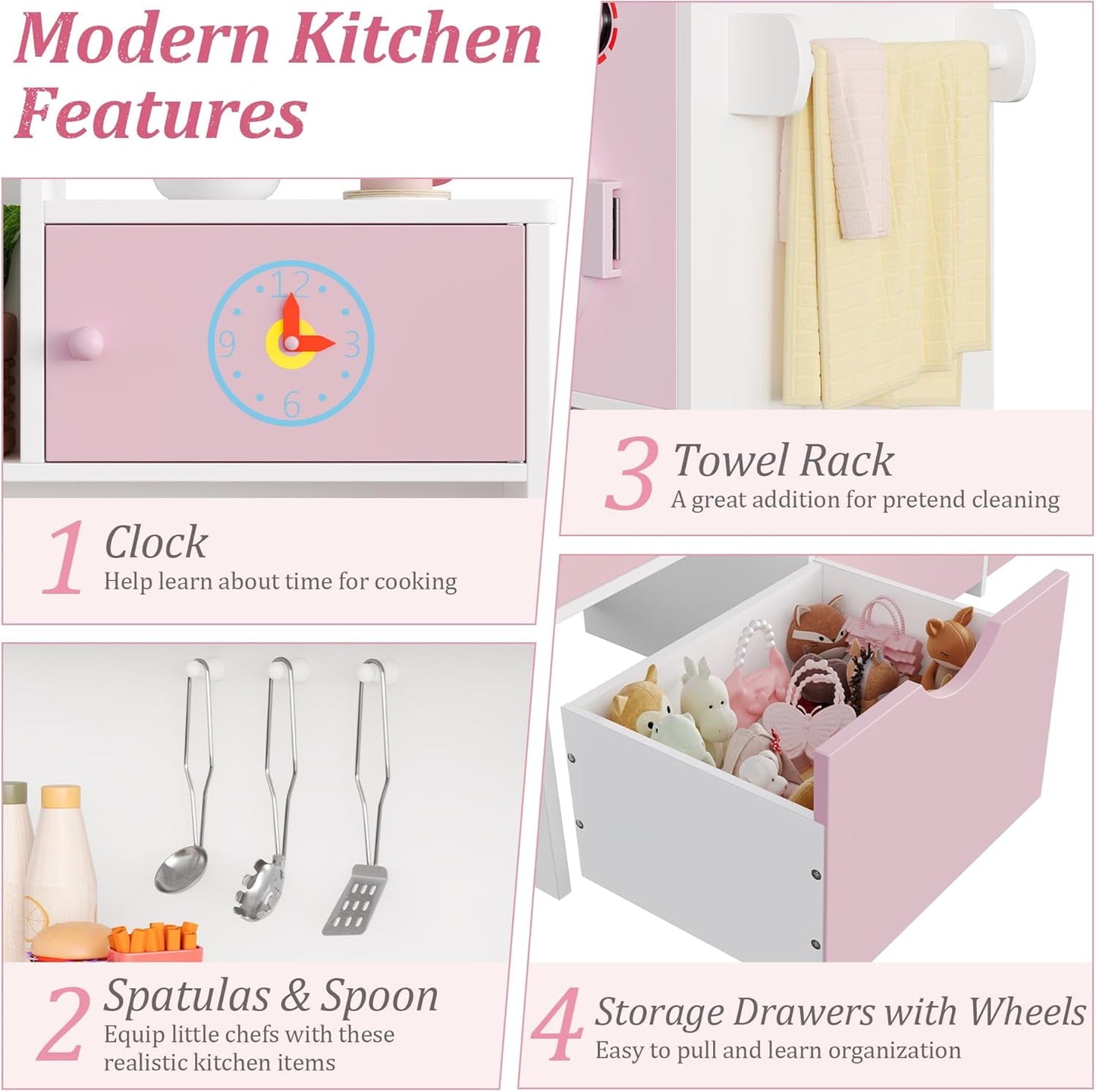 Track Seven Wooden Play Kitchen for Kids and Toddler, Toy Kitchen Playset with Plenty of Pretend Play Features and Storage Drawers, Gift for Boys and Girls, Pink