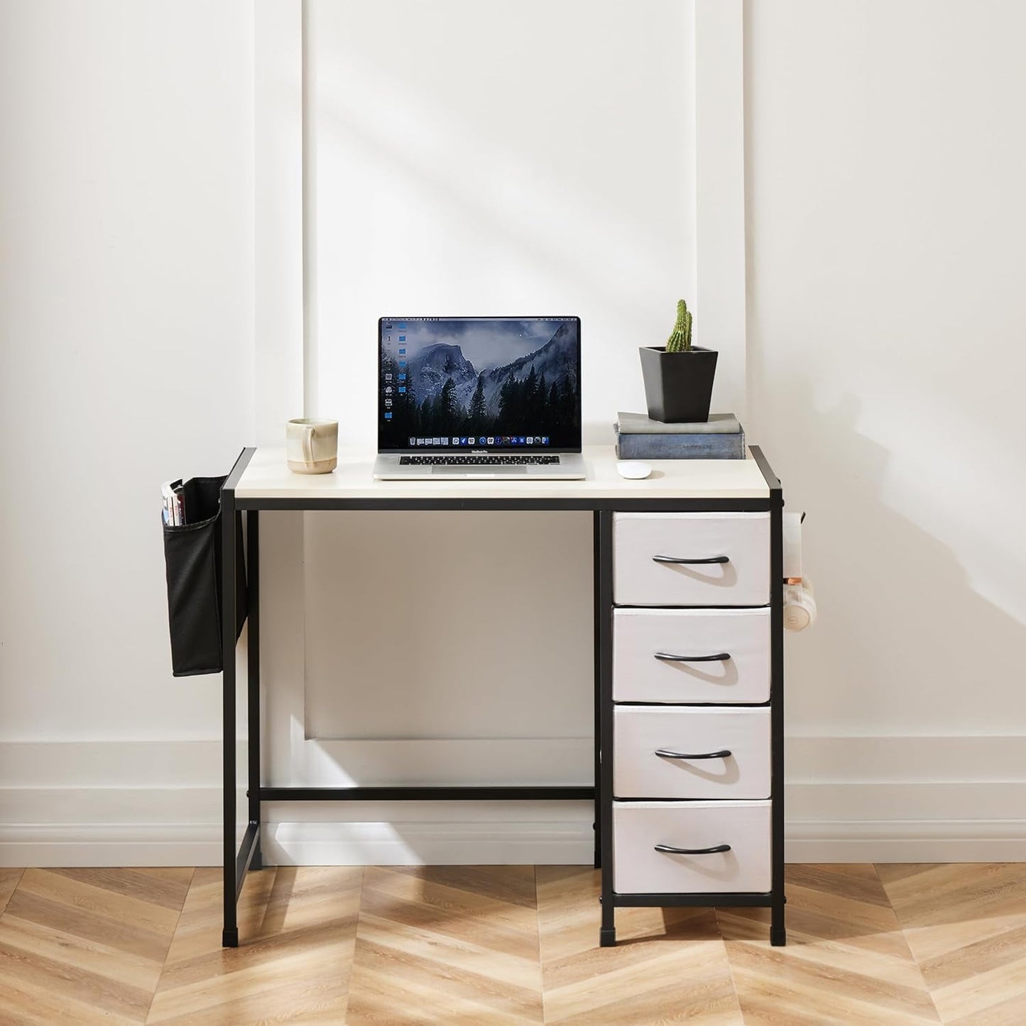 COOKCOK Computer Desk with Fabric Drawers Office Small Desk 36" Wide Desk with Headphone Hooks & Storage Bag for Student Kids Reading Table for Small Spaces, White