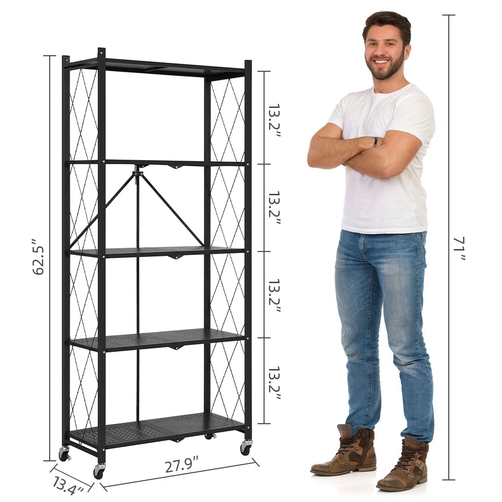 COOKCOK 5-Tier Storage Shelving Unit, Metal Shelf 27.9"x13.4"x62.5, Foldable Storage Shelf with Wheels, Garage Shelf, Metal Storage Rack, Kitchen Shelf with 4 Hooks