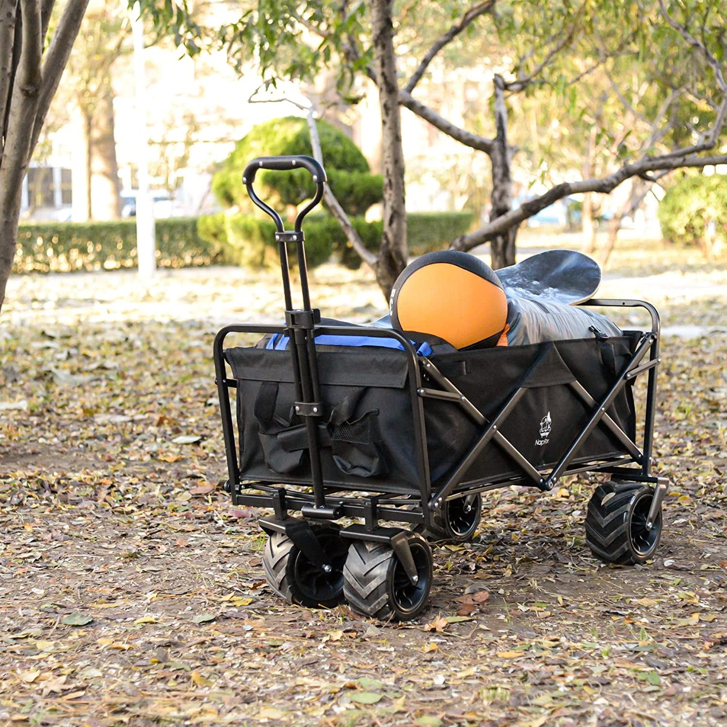 COOKCOK Collapsible Heavy Duty Wagon Cart, Outdoor Folding Utility Camping Garden Beach Cart with Universal Wheels & Adjustable Handle Shopping, Black