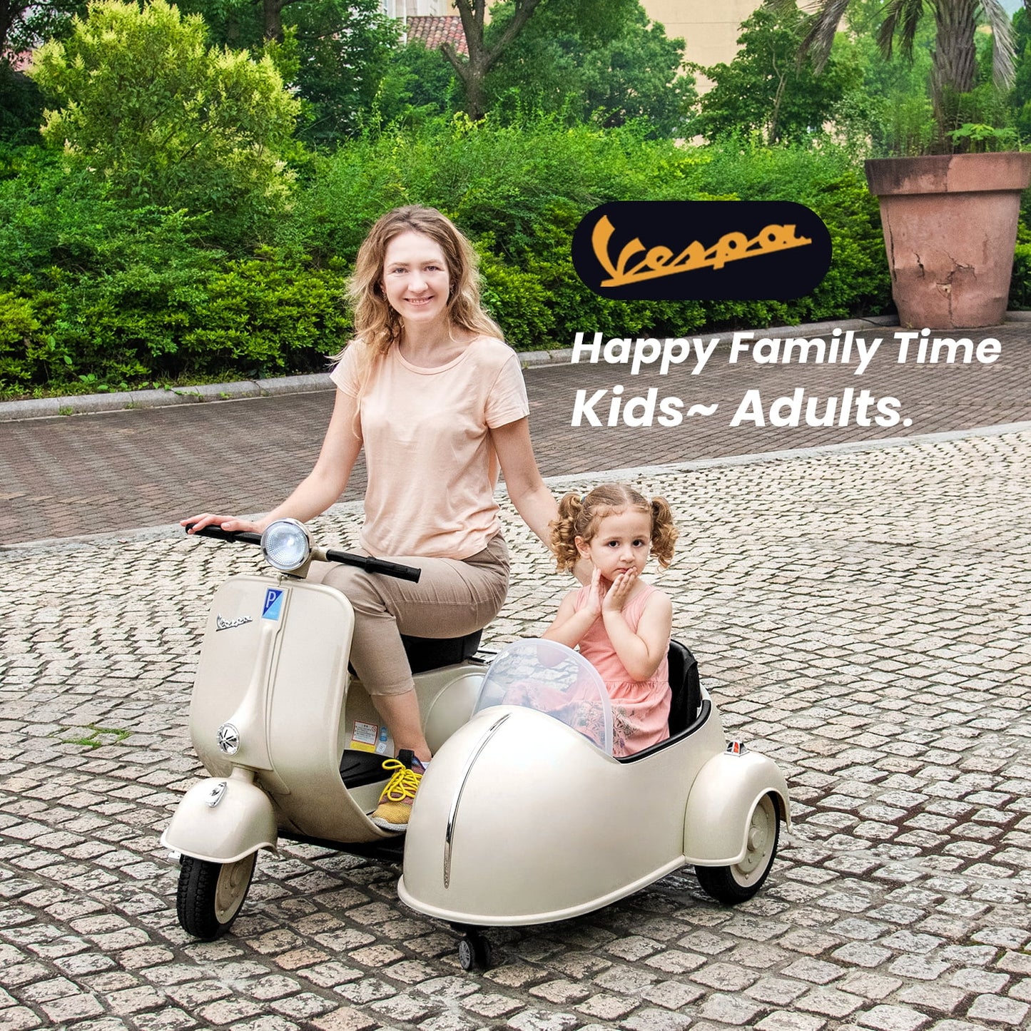 Track Seven 12V Licensed Vespa Ride on Motorcycle with Side Car, 2-Seater Electric Car for Kids Age 3+, Music, Max Speed 4.8mph, Grey
