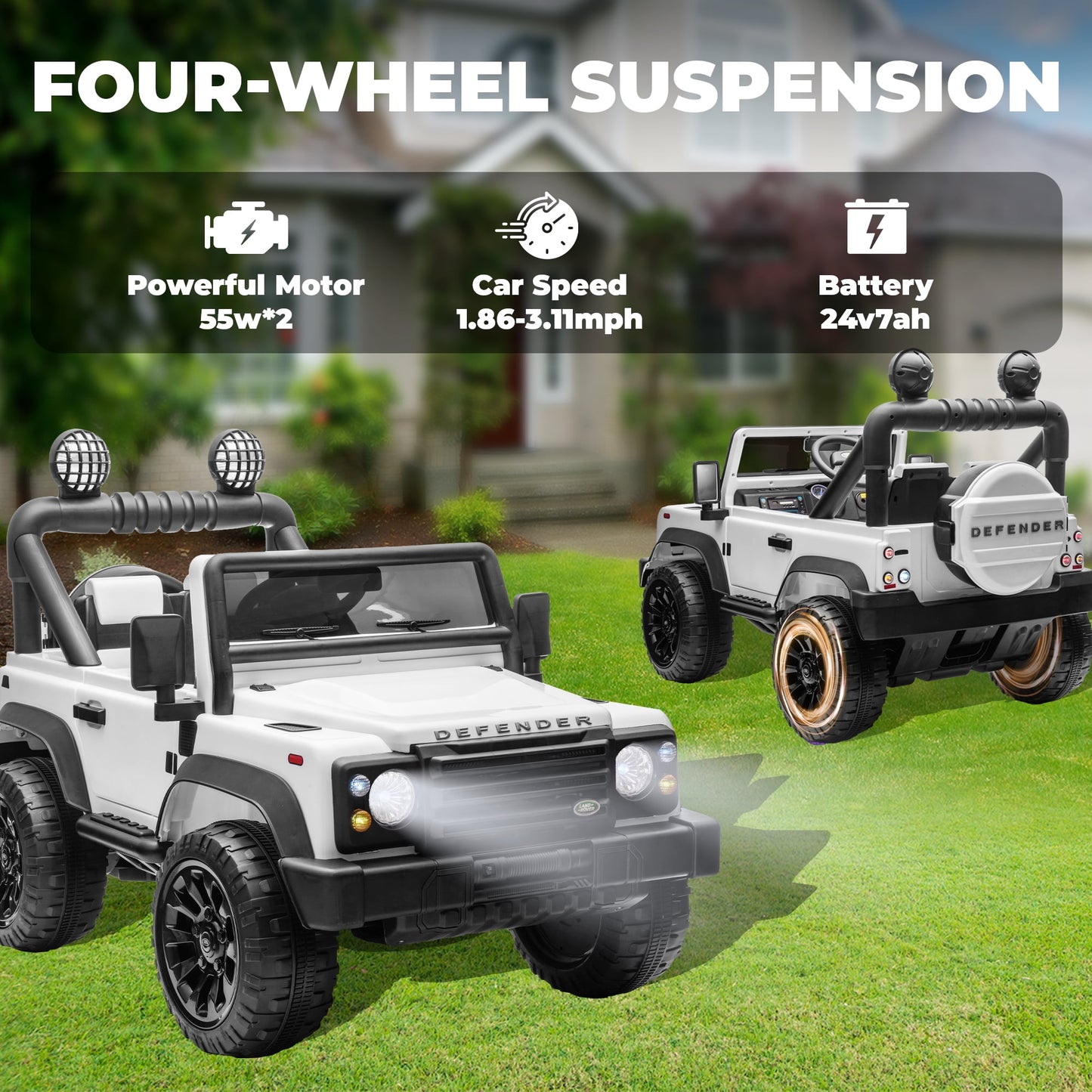 Track Seven Licensed Land Rover Defender Volta 5008 24V Ride-On Car, Electric Car with Remote Control, 2WD Drive, Bluetooth, LED Lights, Key Start, Rear Storage, 24V Ride on Toys for kids Ages 3+, White