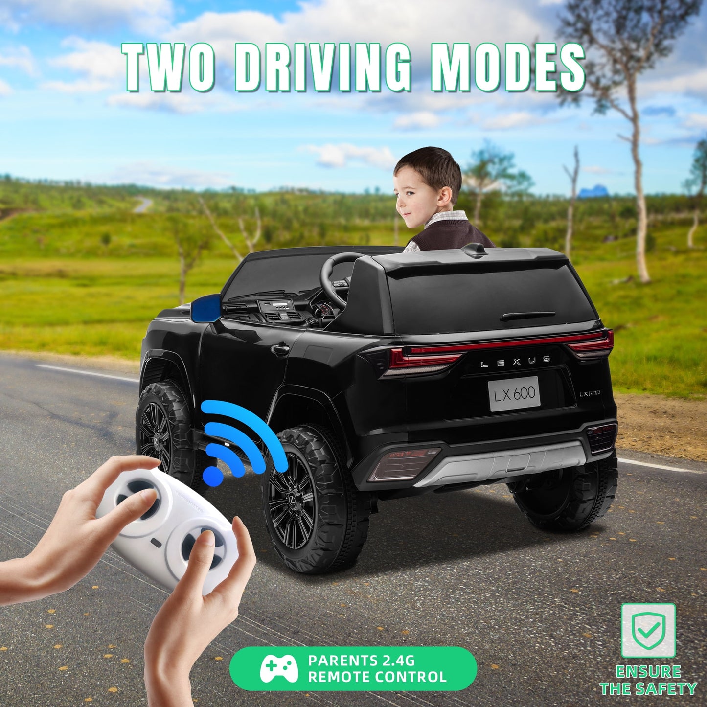 Track Seven 24V 2 Seater Ride on Car, Licensed LEXUS LX600 Electric Car with Remote, 20" Width Seat, Bluetooth, LED Lights, Key Start, Portable Handle, 24V Ride on for Boys Girls Age 3+, Black