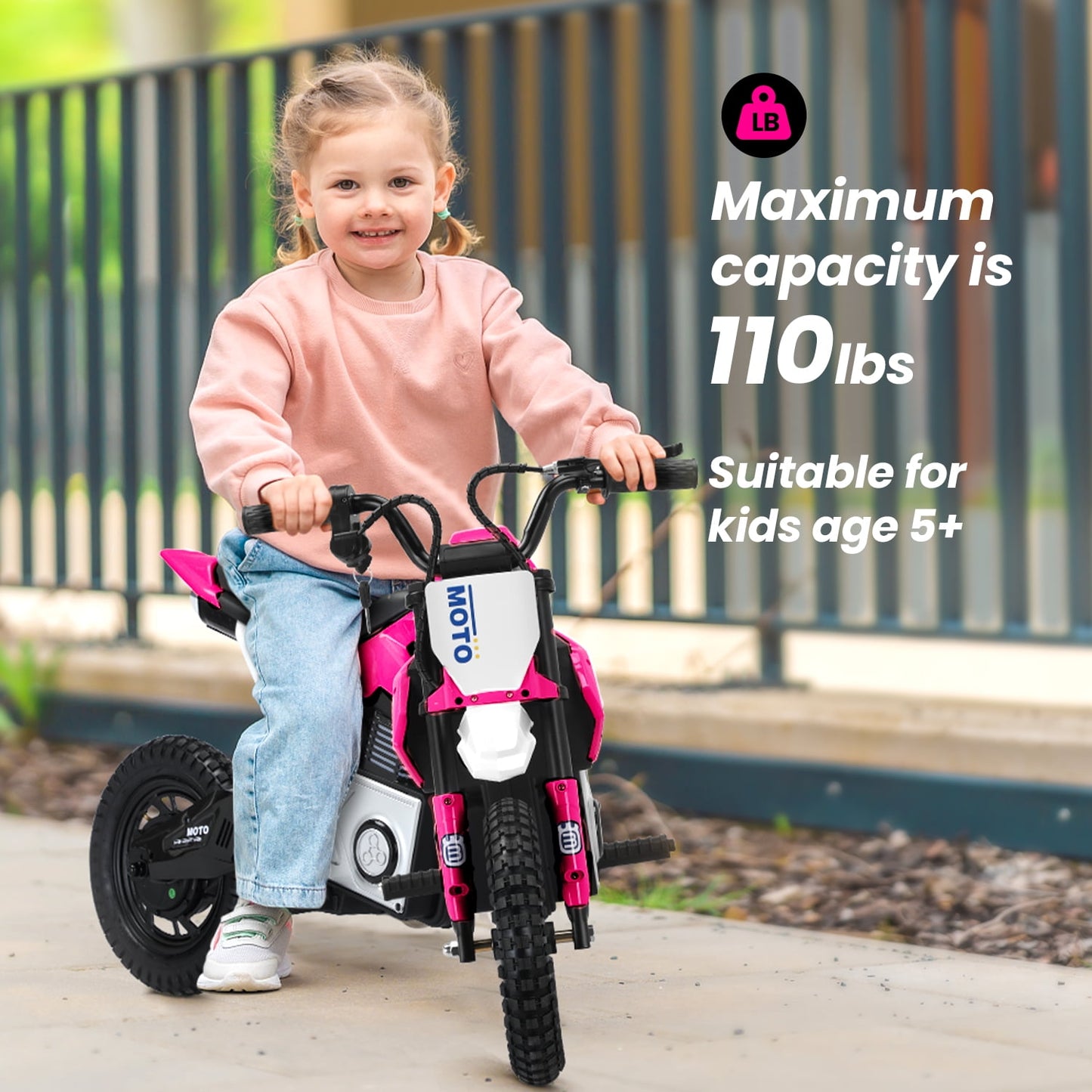Track Seven 24V Electric Dirt Bike, 200W Motocross Ride on Motorcycle with Hand Operated Brakes, Adjustable Speed, LED Lamp, Music, Max Speed 10mph, Electric Motorcycle for Kids Age 5+, Pink