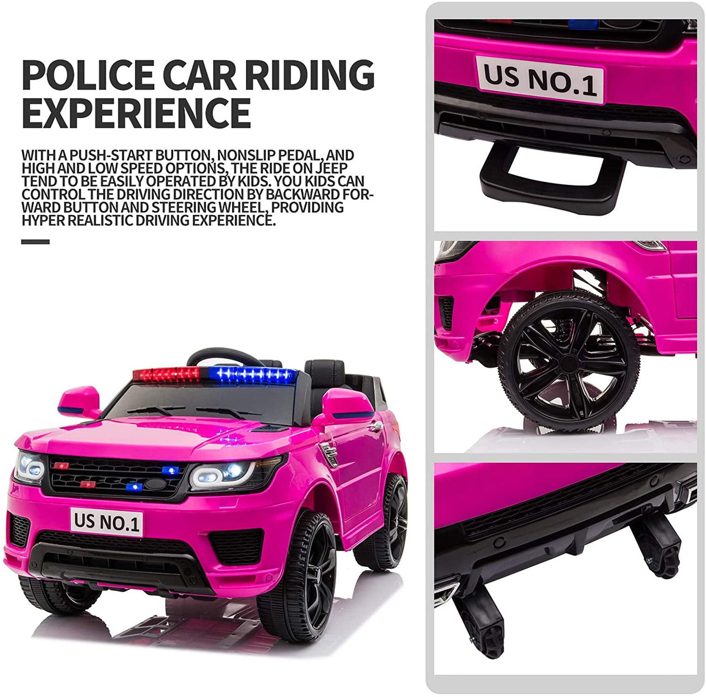 LISUEYNE Kids Ride on Police Car, 12V Electric Car for Boys Girls Age 3+, Flashing Siren, Microphone, Remote Control, Pink