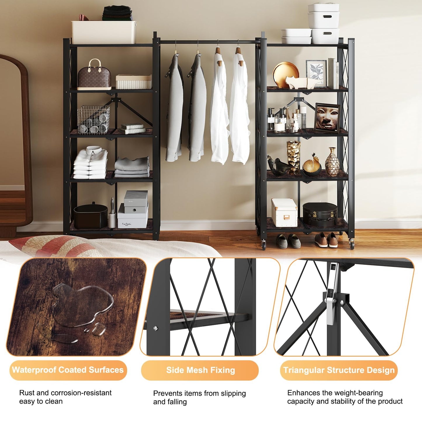 COOKCOK 5-Tier Storage Shelving Unit, Folding Bookshelf, Metal Shelf 27.9"x13.4"x62.5, Foldable Storage Shelf with Wheels, Garage Shelf, Kitchen Shelf, No Assemble Require, Black