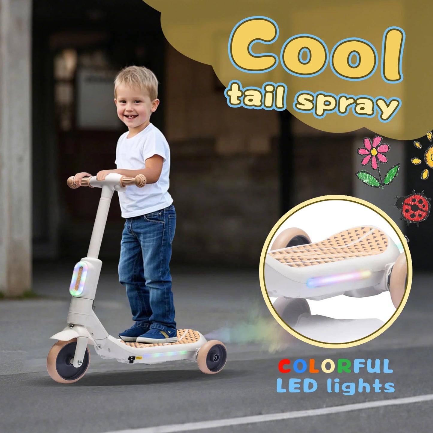 Track Seven Electric Scooter for Kids, 3 Wheels Kids Kick Scooter with Spray, LED Lights, PU Wheels, Wide Pedal, Music, Independent Light Switch, 6V Scooter for Boys Girls Toddlers Ages 3-6, White