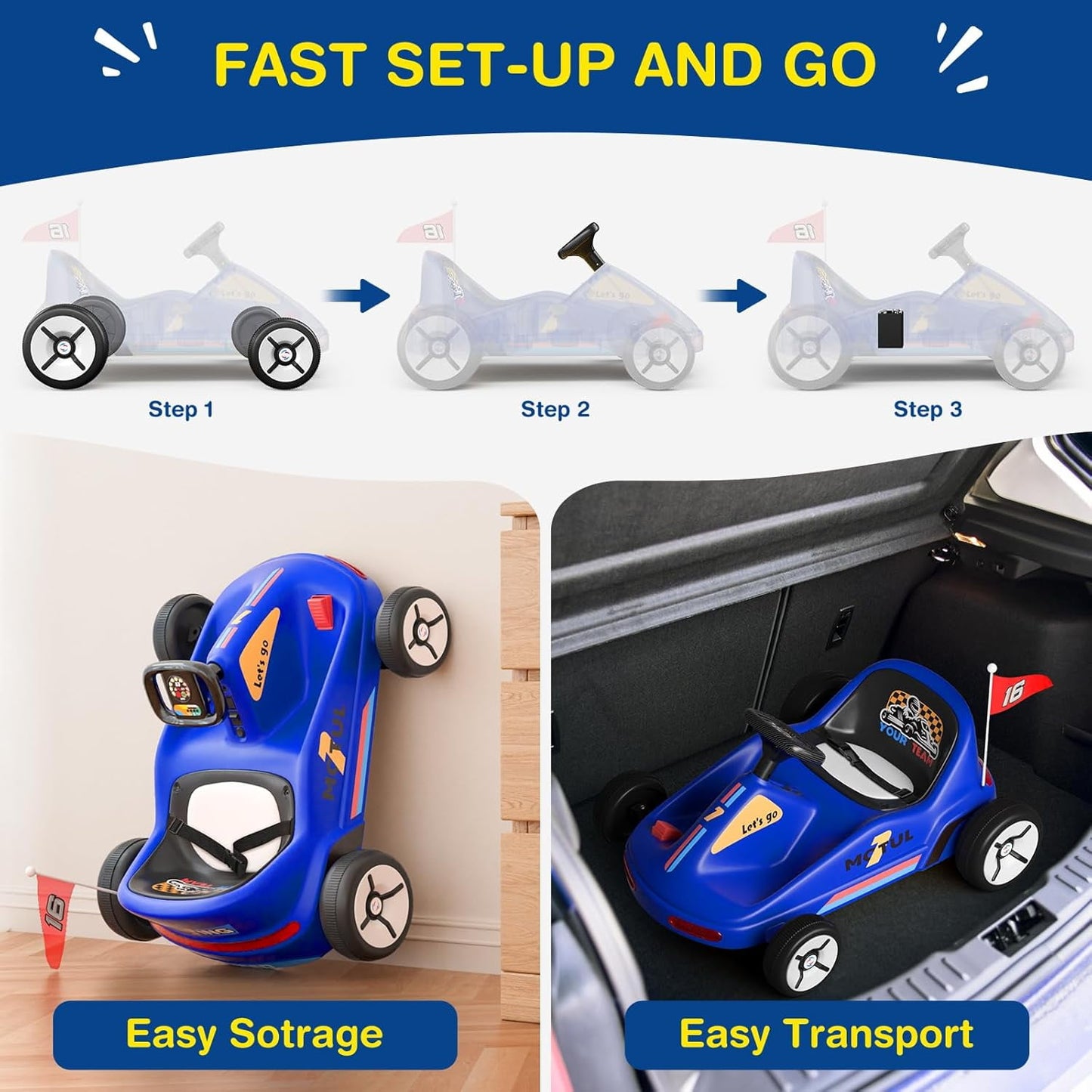Track Seven 12V Ride on Car, Kids Electric Drifting Go Kart with Remote Control, Flashing Taillight, Bluetooth, Storytelling, Max Speed 3.7 mph, Portable Electric 4-Wheeler Car for Kids Age 3+, Blue