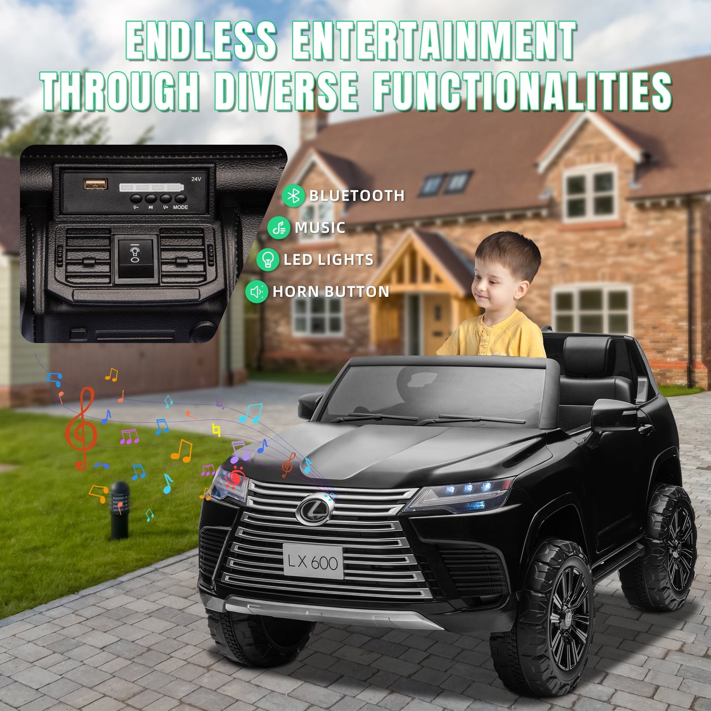 Track Seven 24V 2 Seater Ride on Car, Licensed LEXUS LX600 Electric Car with Remote, 20" Width Seat, Bluetooth, LED Lights, Key Start, Portable Handle, 24V Ride on for Boys Girls Age 3+, Black