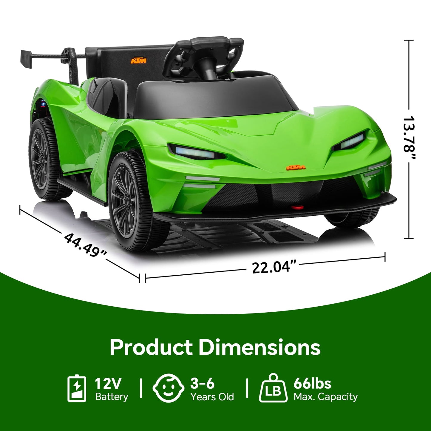 Track Seven 12V Ride on Car with Remote Control, Licensed KTM X-BOW GTXR Electric Car for Kids Age 3+, Music, Bluetooth, Lights, Green