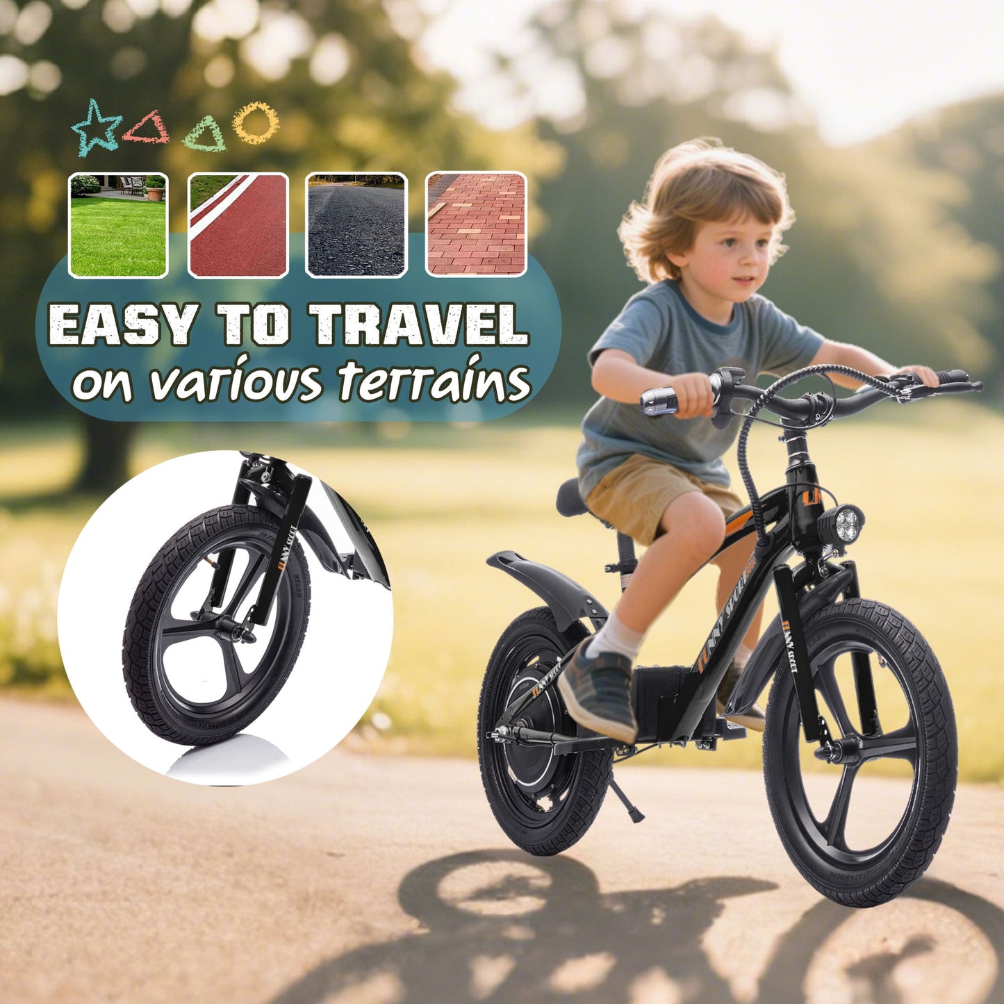 Track Seven 24V Kids Electric Dirt Bike, Ride on Mini Bike, 300W Super Power Motor, Up to 12.43 MPH, 16" Wheels, Adjustable Seat Height, Bright Headlight, Hand-Operated Brakes for Ages 5+, Black