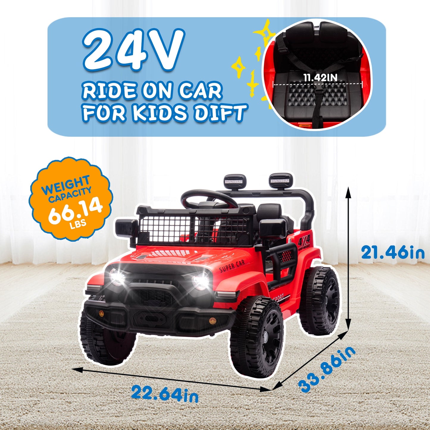 Track Seven 24V Kids Ride on Truck, Electric Car with Remote Control, Four-Wheel Suspension, Power Display, Bluetooth, MP3 Player, LED Lights, Kids Ride on Toy Car for Boys Girls Aged 3+, Red