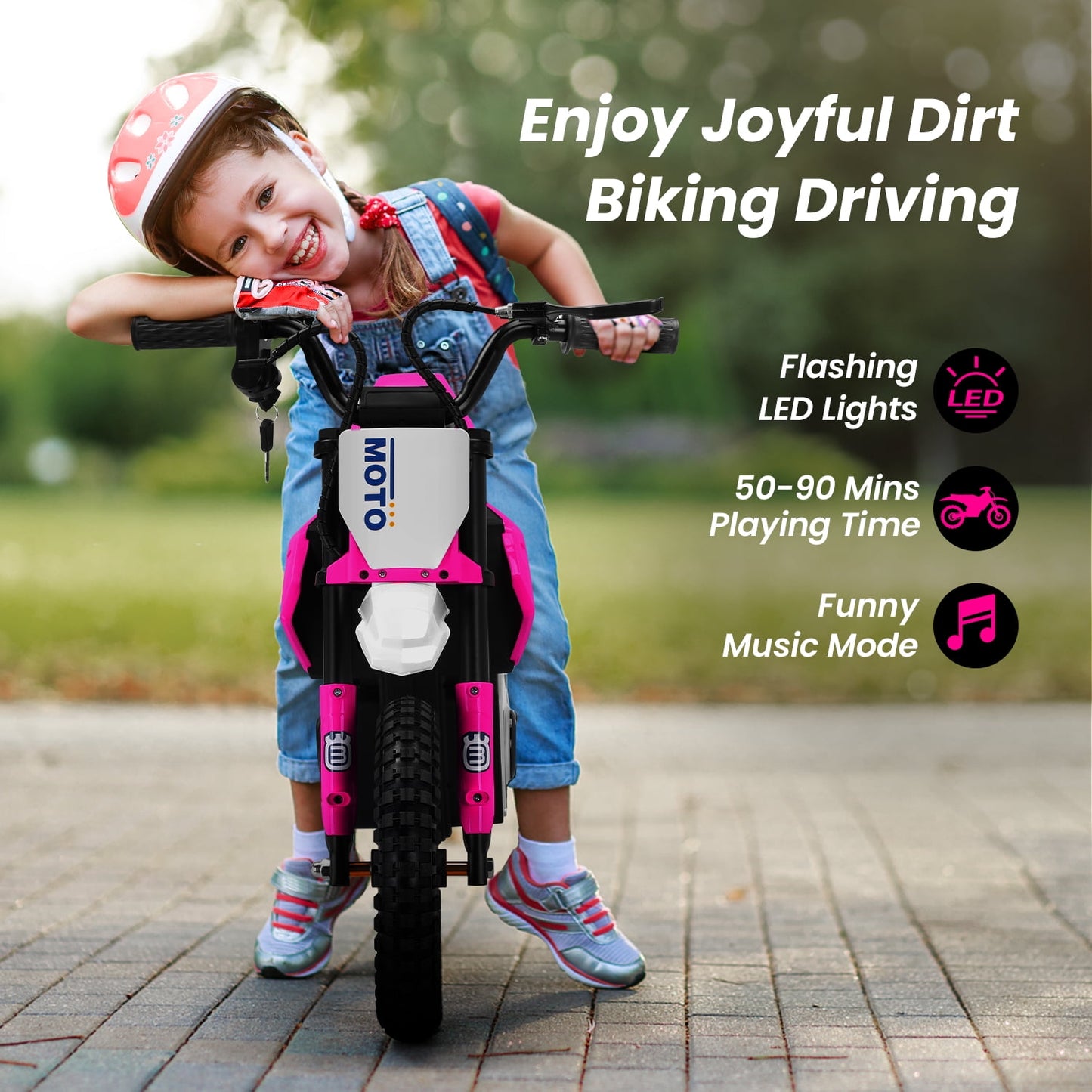 Track Seven 24V Electric Dirt Bike, 200W Motocross Ride on Motorcycle with Hand Operated Brakes, Adjustable Speed, LED Lamp, Music, Max Speed 10mph, Electric Motorcycle for Kids Age 5+, Pink