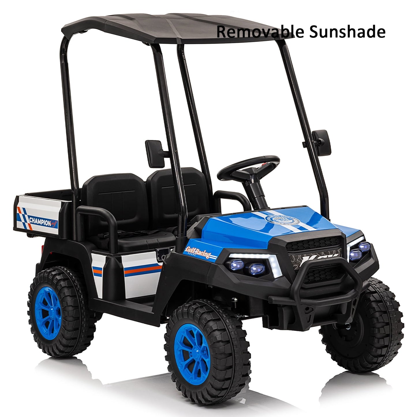 Track Seven 2-Seater 24V Ride on Car, Electric off-Road Truck with Remote Control, Removable Sunshade, Bluetooth, Rear Storage, 20" Wide Seat, Ride on Toy Car for Boys Girls Aged 3+, Blue