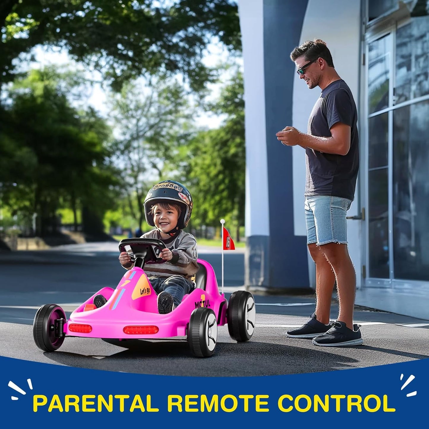 Track Seven 12V Ride on Car, Kids Electric Drifting Go Kart with Remote Control, Flashing Taillight, Bluetooth, Storytelling, Max Speed 3.7 mph, Portable Electric 4-Wheeler Car for Kids Age 3+, Pink
