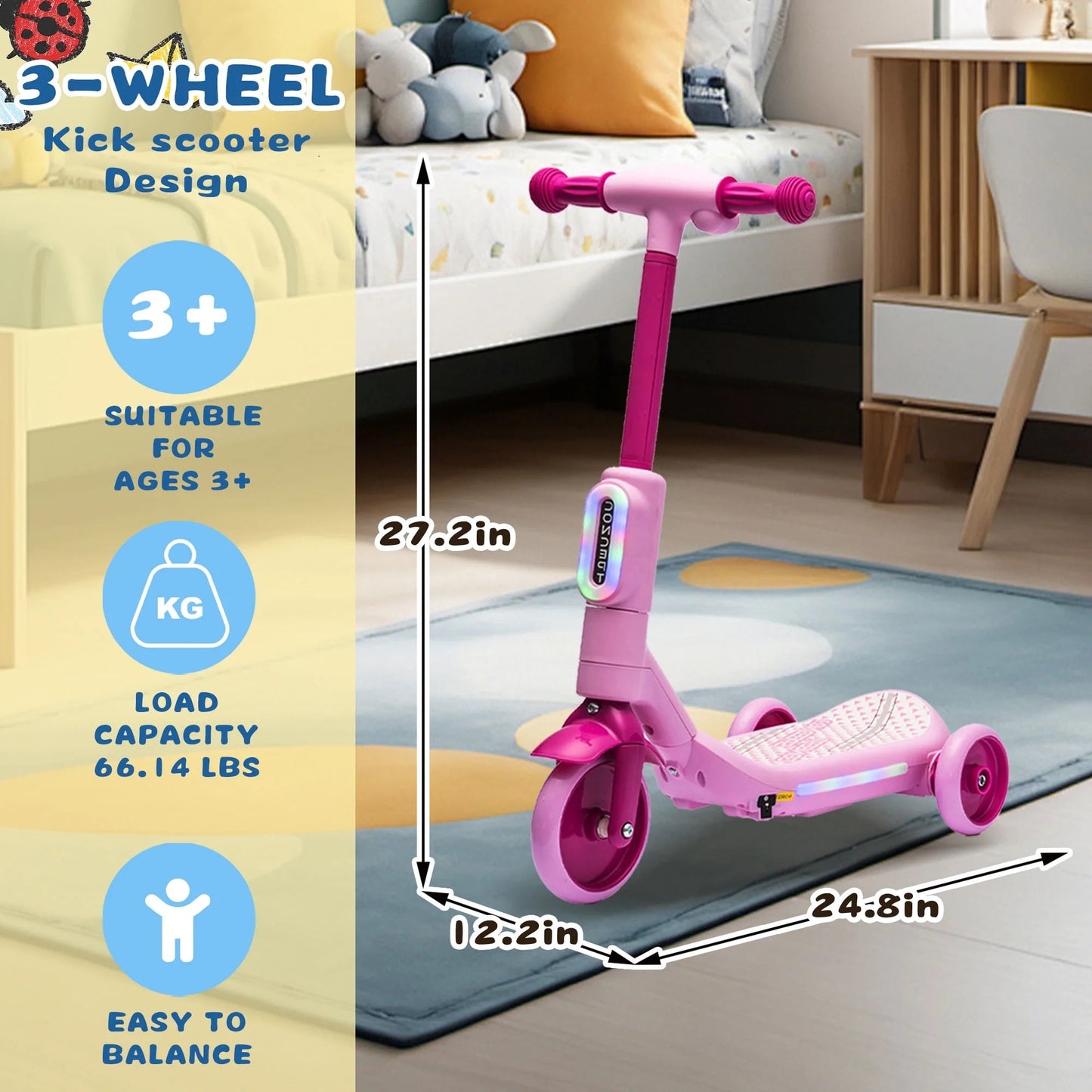 Track Seven Electric Scooter for Kids, 3 Wheels Kids Kick Scooter with Spray, LED Lights, PU Wheels, Wide Pedal, Music, Independent Light Switch, 6V Scooter for Boys Girls Toddlers Ages 3-6, Pink