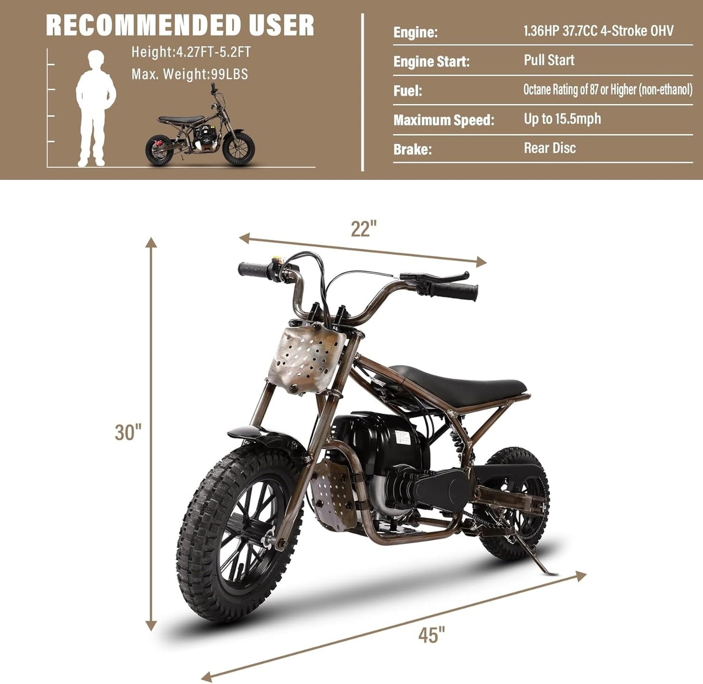 Track Seven 37.7CC 4-Stroke Dirt Bike for Kids, 1.36HP Gas Powered Off Road Trail Mini Bike, Rear Disc Brakes Motorcycles, Max Load 189 Lb, Safety Features for Ages 6+, Up to 15 MPH, Bronze