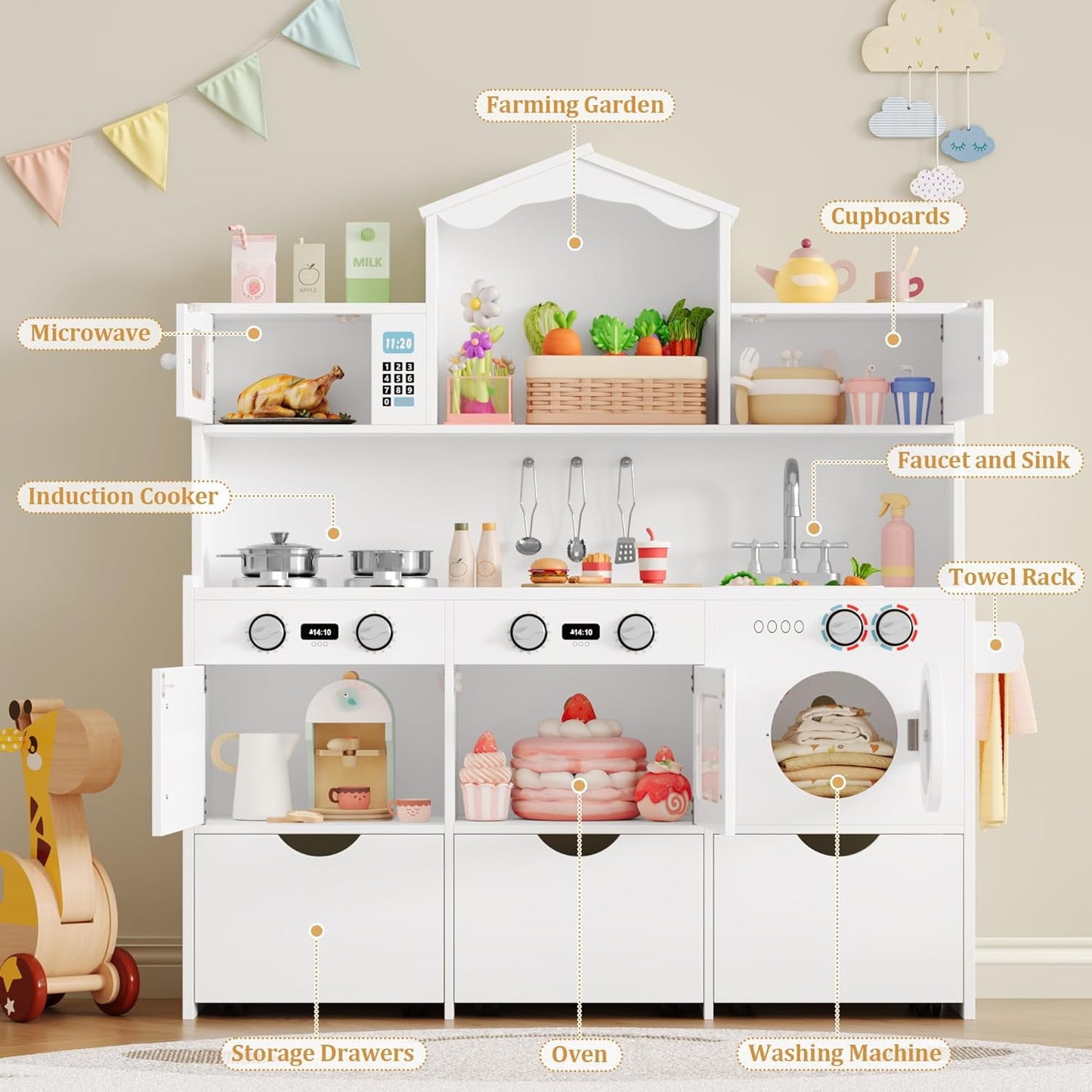 Track Seven Wooden Play Kitchen for Kids and Toddler, Toy Kitchen Playset with Plenty of Pretend Play Features and Storage Drawers, Gift for Boys and Girls, White