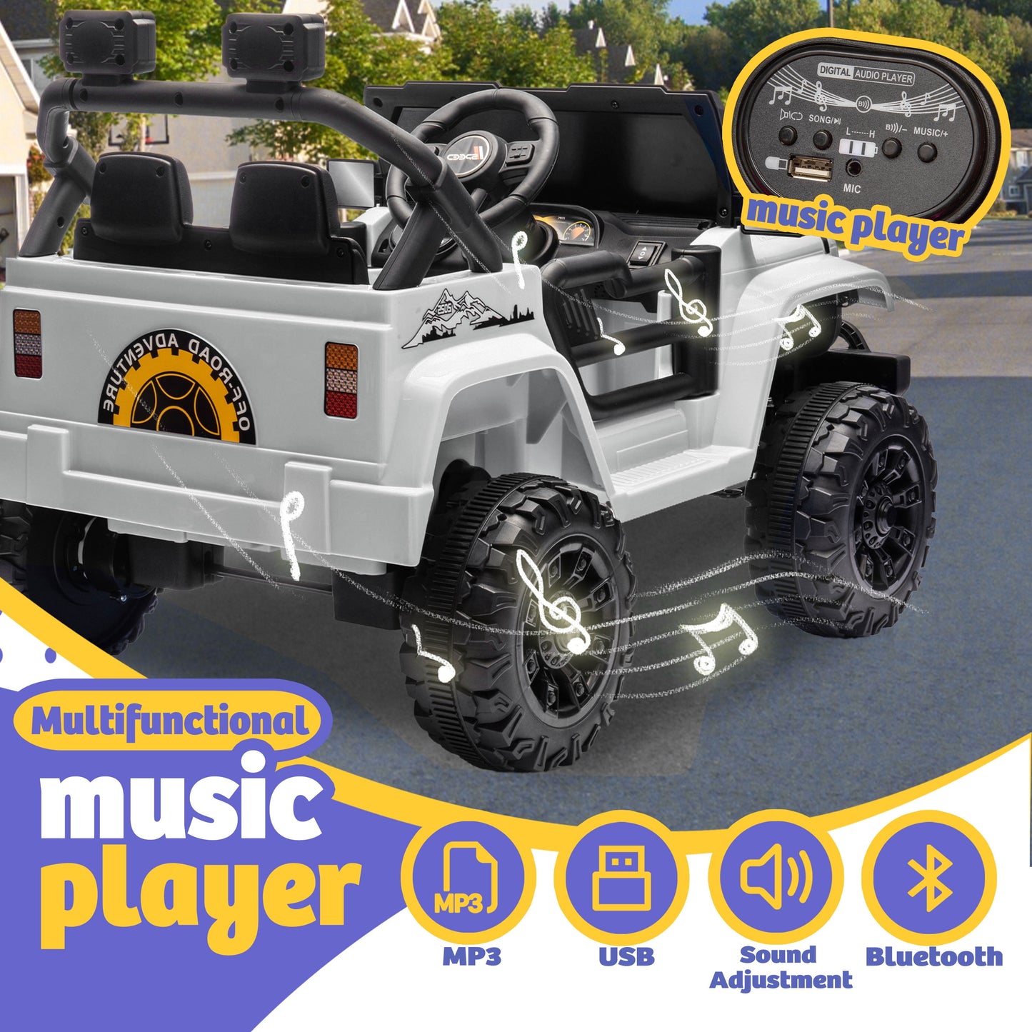 Track Seven 12V Kids Ride on Truck, Electric Car with Remote Control, Off-Road Truck for Boys Girls age 3+, Music, Bluetooth, Spring Suspension with DIY Stickers, White
