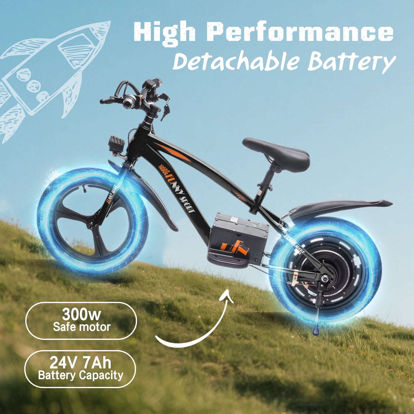Track Seven 24V Kids Electric Dirt Bike, Ride on Mini Bike, 300W Super Power Motor, Up to 12.43 MPH, 16" Wheels, Adjustable Seat Height, Bright Headlight, Hand-Operated Brakes for Ages 5+, Black