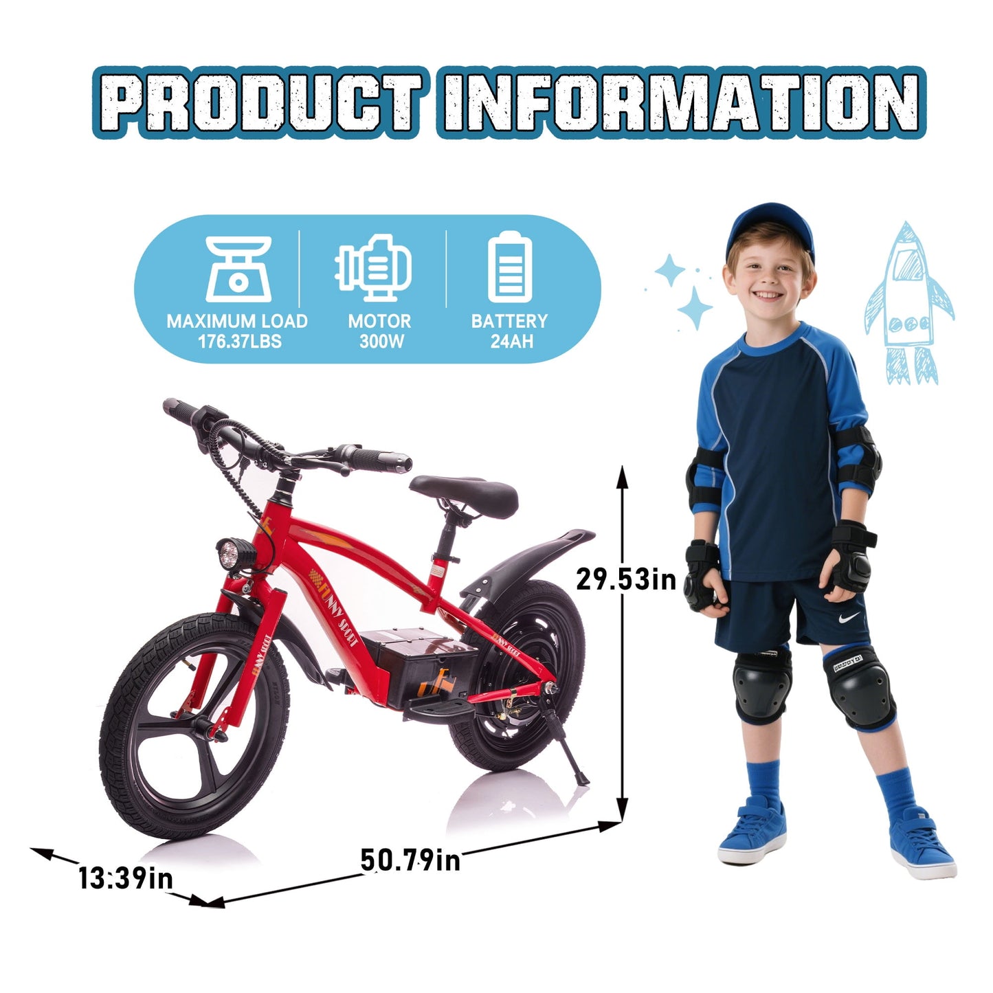 Track Seven 24V Kids Electric Dirt Bike, Ride on Mini Bike, 300W Super Power Motor, Up to 12.43 MPH, 16" Wheels, Adjustable Seat Height, Bright Headlight, Hand-Operated Brakes for Ages 5+, Red