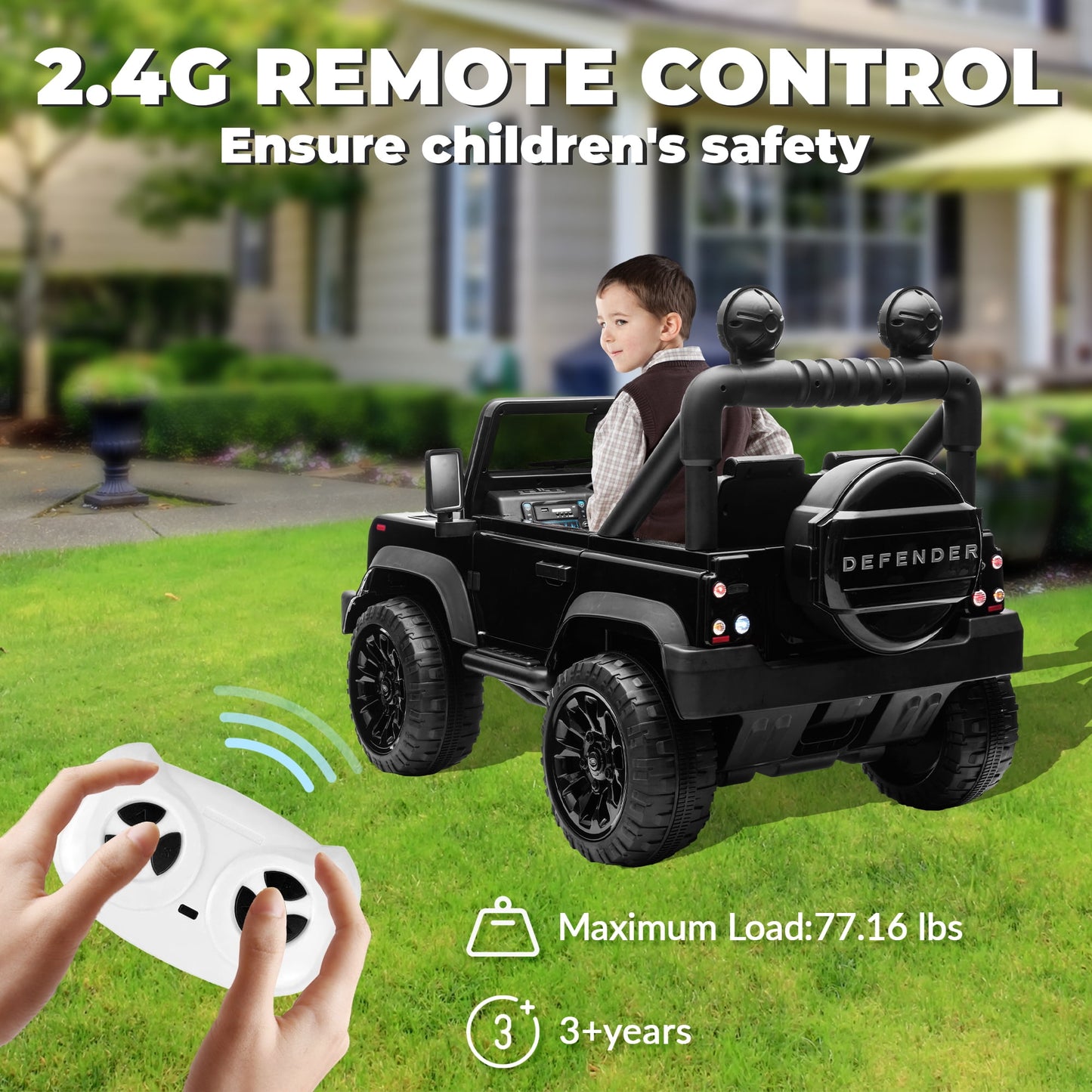 Track Seven Licensed Land Rover Defender Volta 5008 24V Ride-On Car, Electric Car with Remote Control, 2WD Drive, Bluetooth, LED Lights, Key Start, Rear Storage, 24V Ride on Toys for Ages 3+, Black