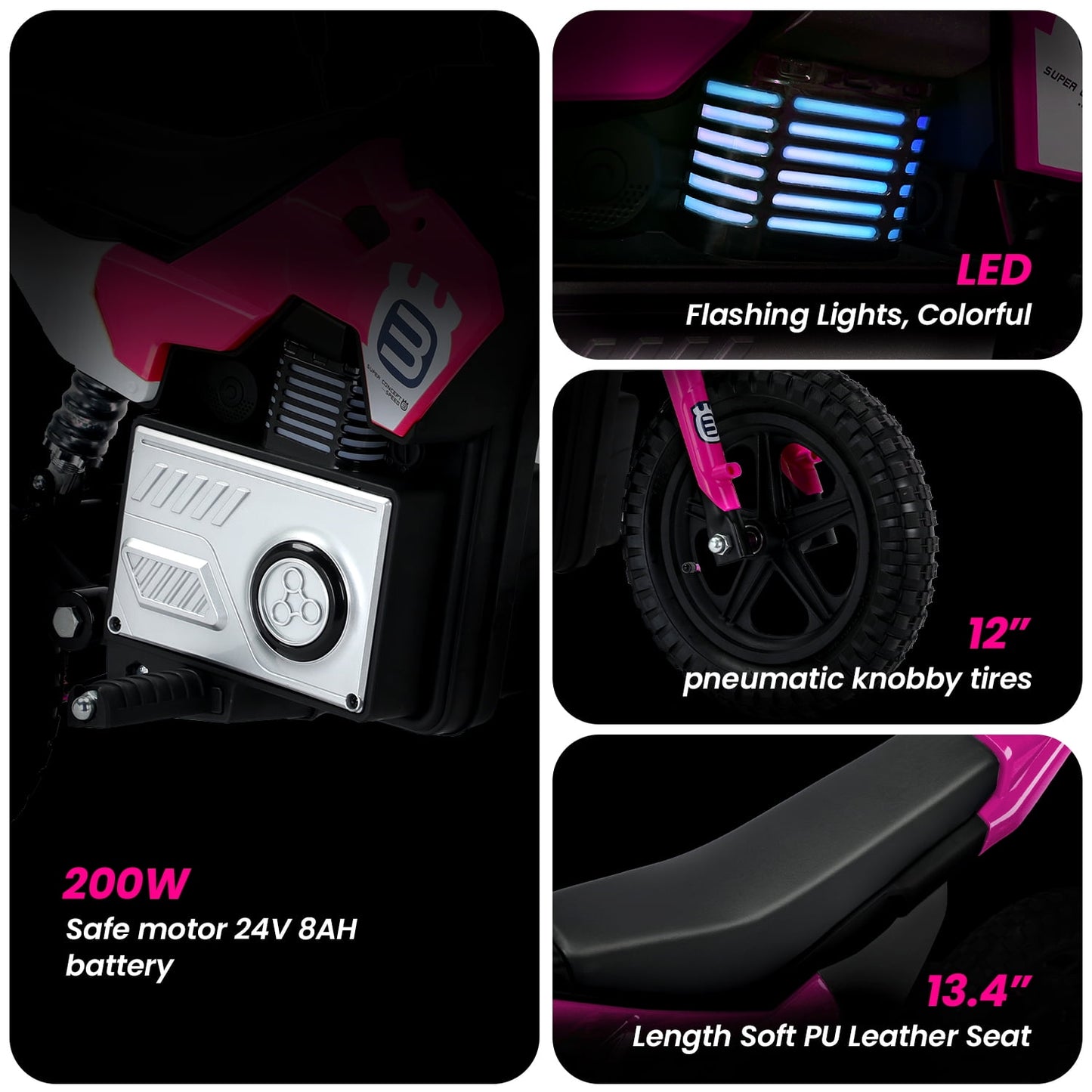Track Seven 24V Electric Dirt Bike, 200W Motocross Ride on Motorcycle with Hand Operated Brakes, Adjustable Speed, LED Lamp, Music, Max Speed 10mph, Electric Motorcycle for Kids Age 5+, Pink